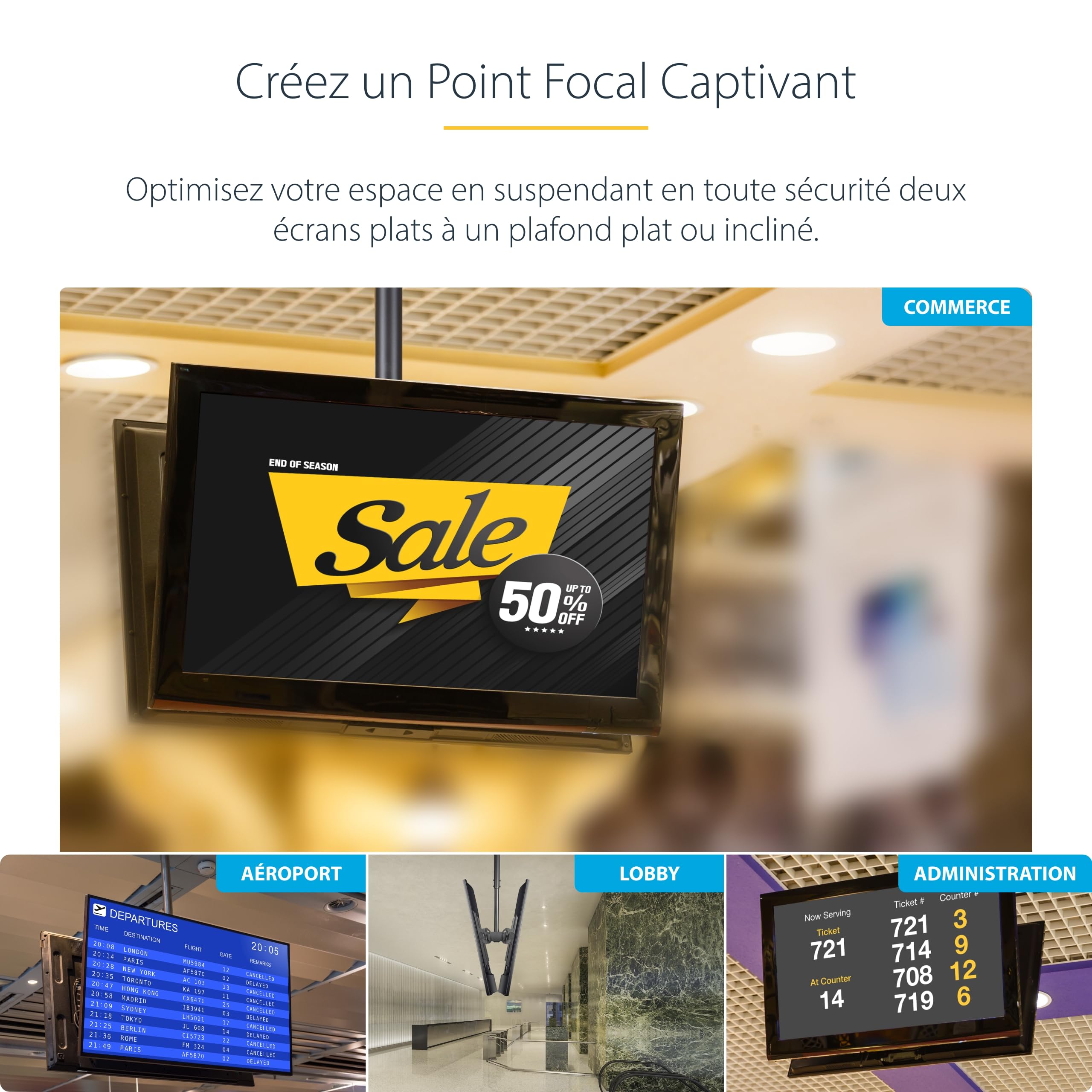 StarTech Support TV Double Plafond 32 à 75 pouces, VESA (FPCEILBTB) | 2 écrans suspendus, Réglable en hauteur, Mât télescopique, Dos à dos, Pivotant
