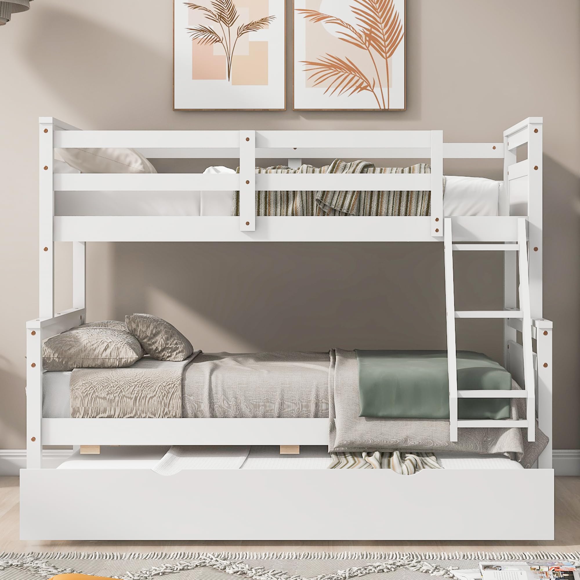 YOUJUNER Twin Over Full Bunk Bed with Ladder, Twin Size Trundle, Safety Guardrail, White