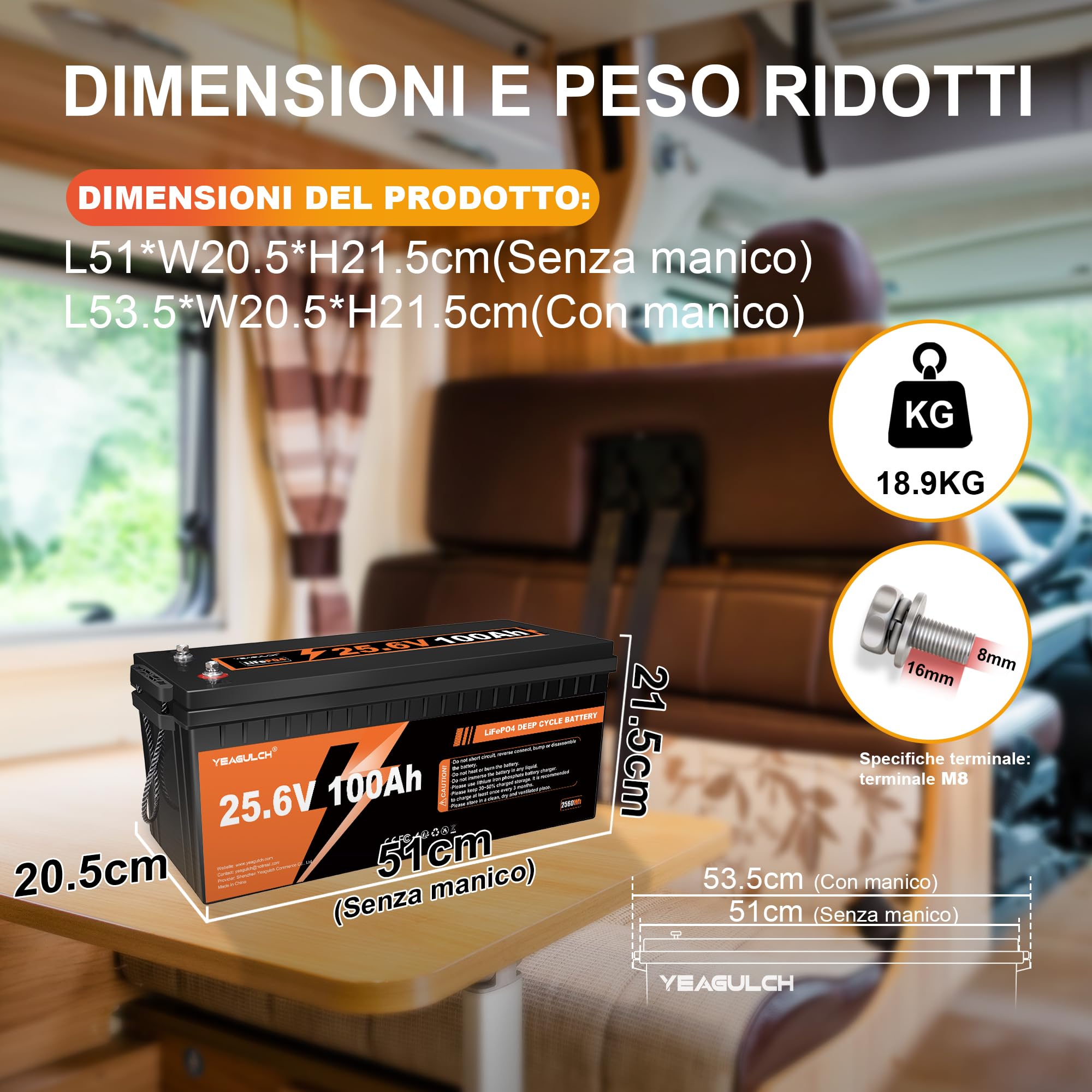 Yeagulch 24V 100Ah Batteria al Litio LiFePO4, BMS 100A, 2560Wh | 15000 Cicli, per Sistemi Solari, Camper, Accumulo Domestico Off-Grid