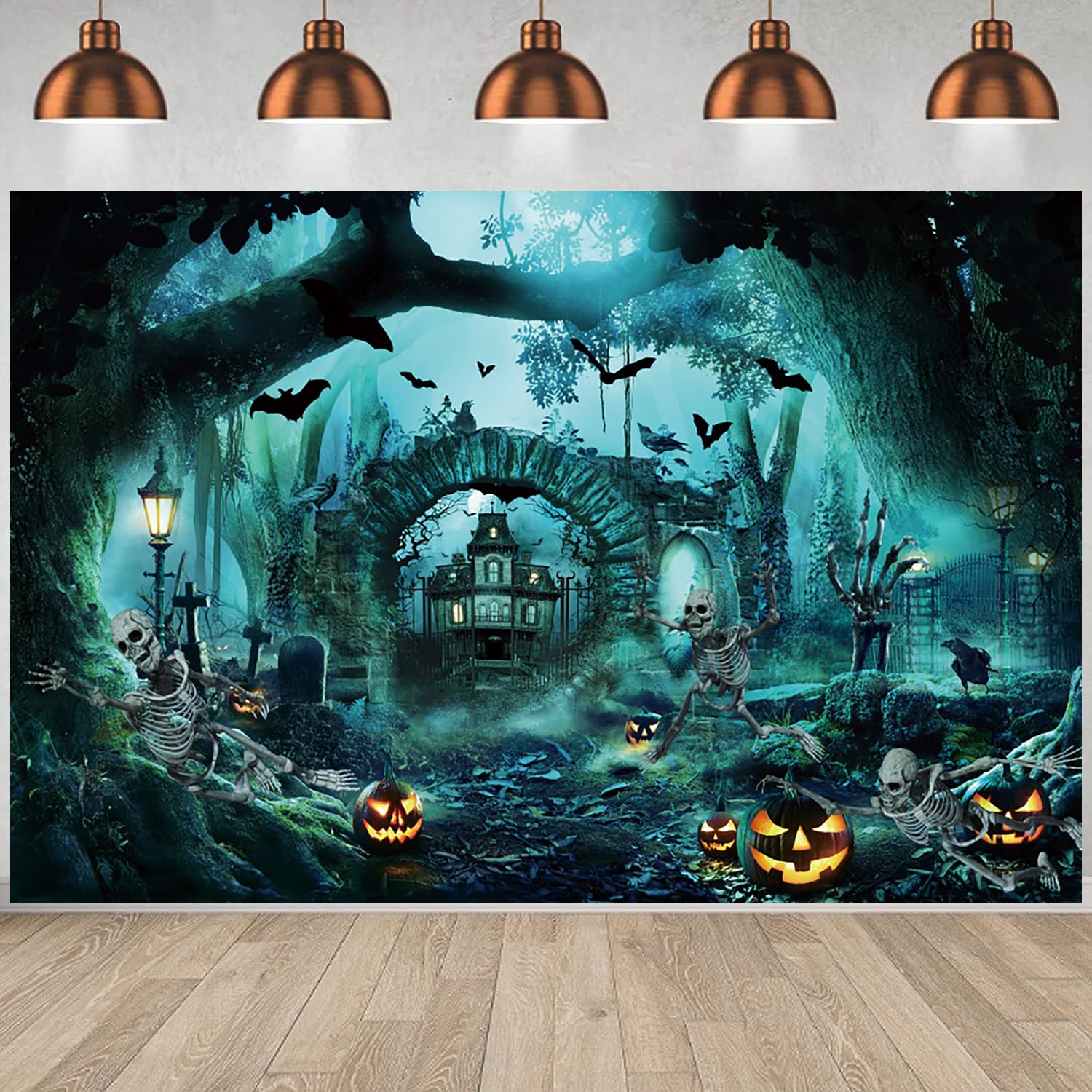 3x2.4m Halloween Telón de Fondo Horror Castillo Bosque sombrío Miedo Cementerio Calabaza Linterna Cráneo Murciélago Fotografía de Fondo Niños Familia Halloween Decoraciones Banner Photo Booth Props