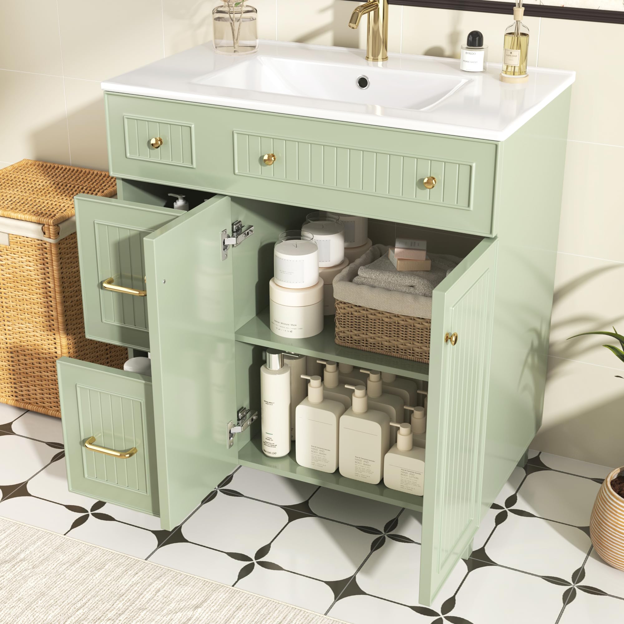 Armario de baño con lavabo, 81,7 cm, armario de baño de pie con tocador de cerámica, superficie lacada, espacio de almacenamiento multifuncional y patas de madera maciza en diseño moderno de