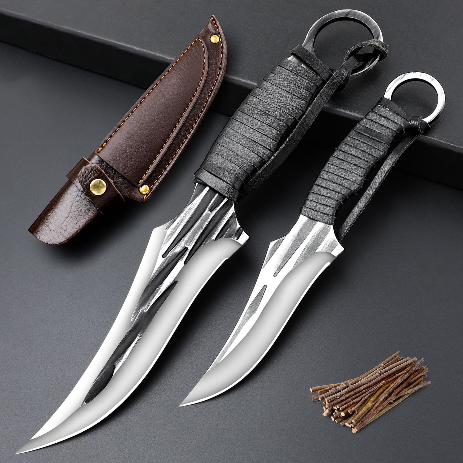 2 Piece Full Tang Handle Survival Tactical Knife Set with Sheath for Outdoor Camping Fishing,Fixed Blade Hunting Knife Survival Great gift for Men