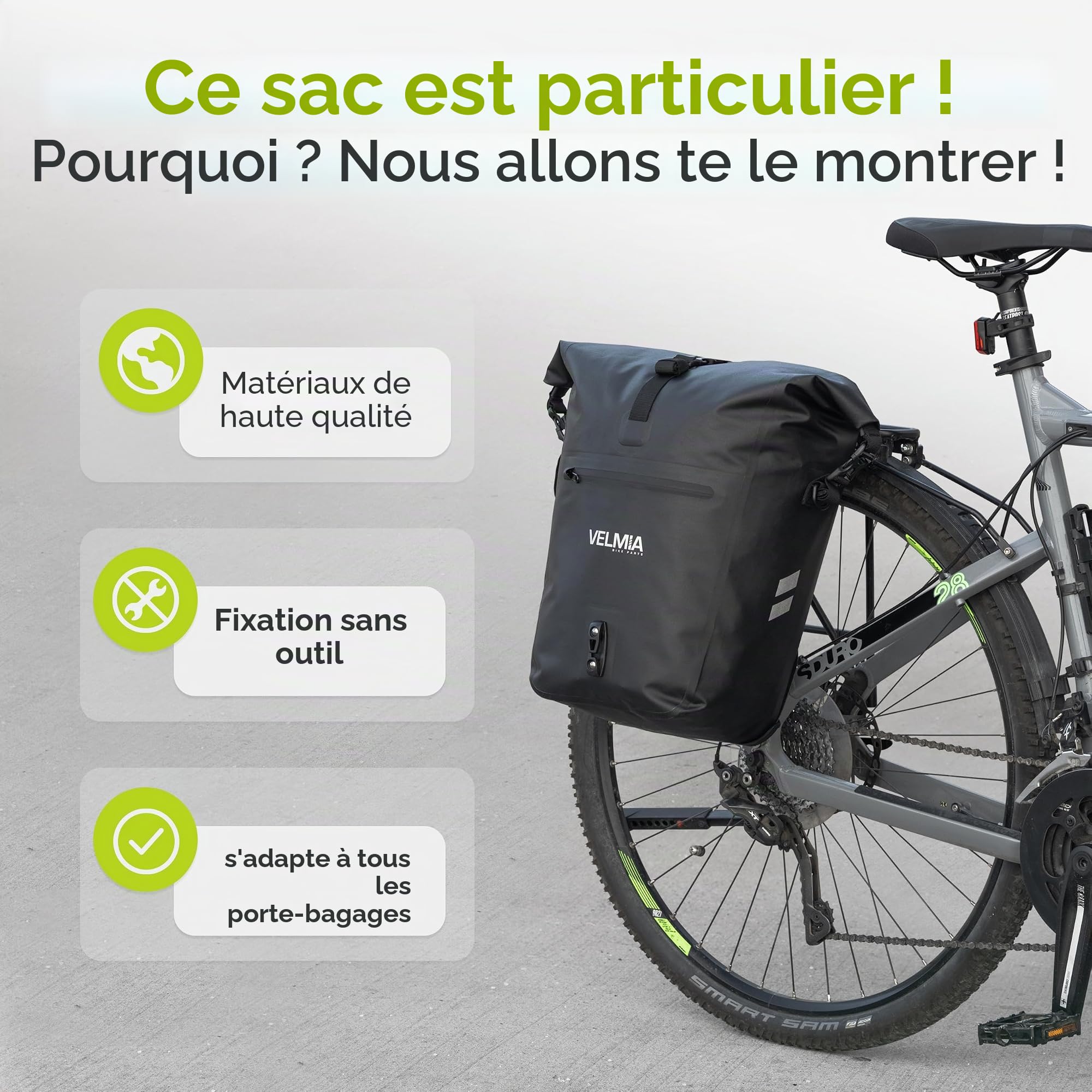 Velmia Sac de vélo étanche pour porte-bagages avec poignée de transport