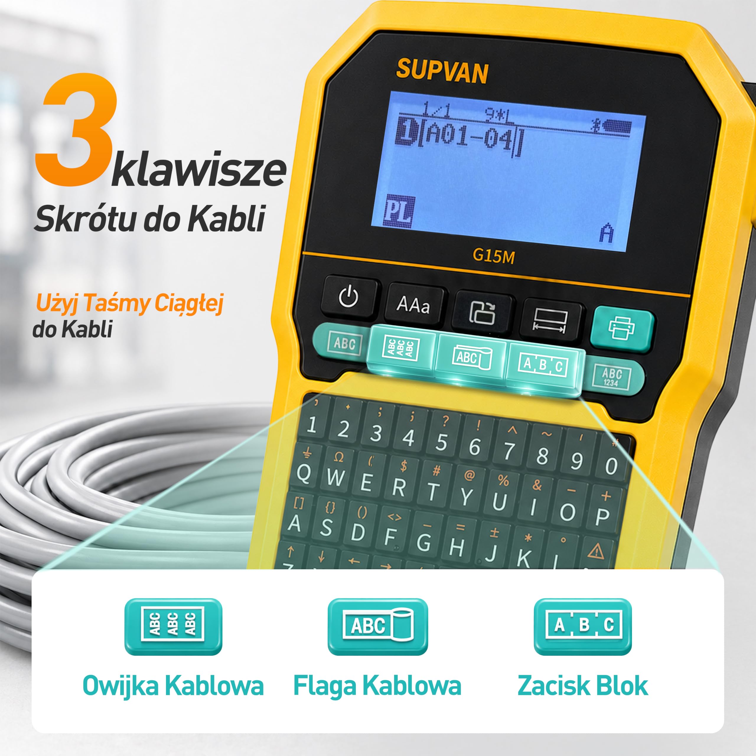 SUPVAN G15M Drukarka Etykiet z 4 Rolki Etykiet & APP (Android & iOS) | 11 Typów Etykiet, Podświetlany Ekran, Druk 4 Linii, 3 Skróty Etykiet, Ładowalny, Mniejszy Margines, do Domu & Na Zewnętrzne