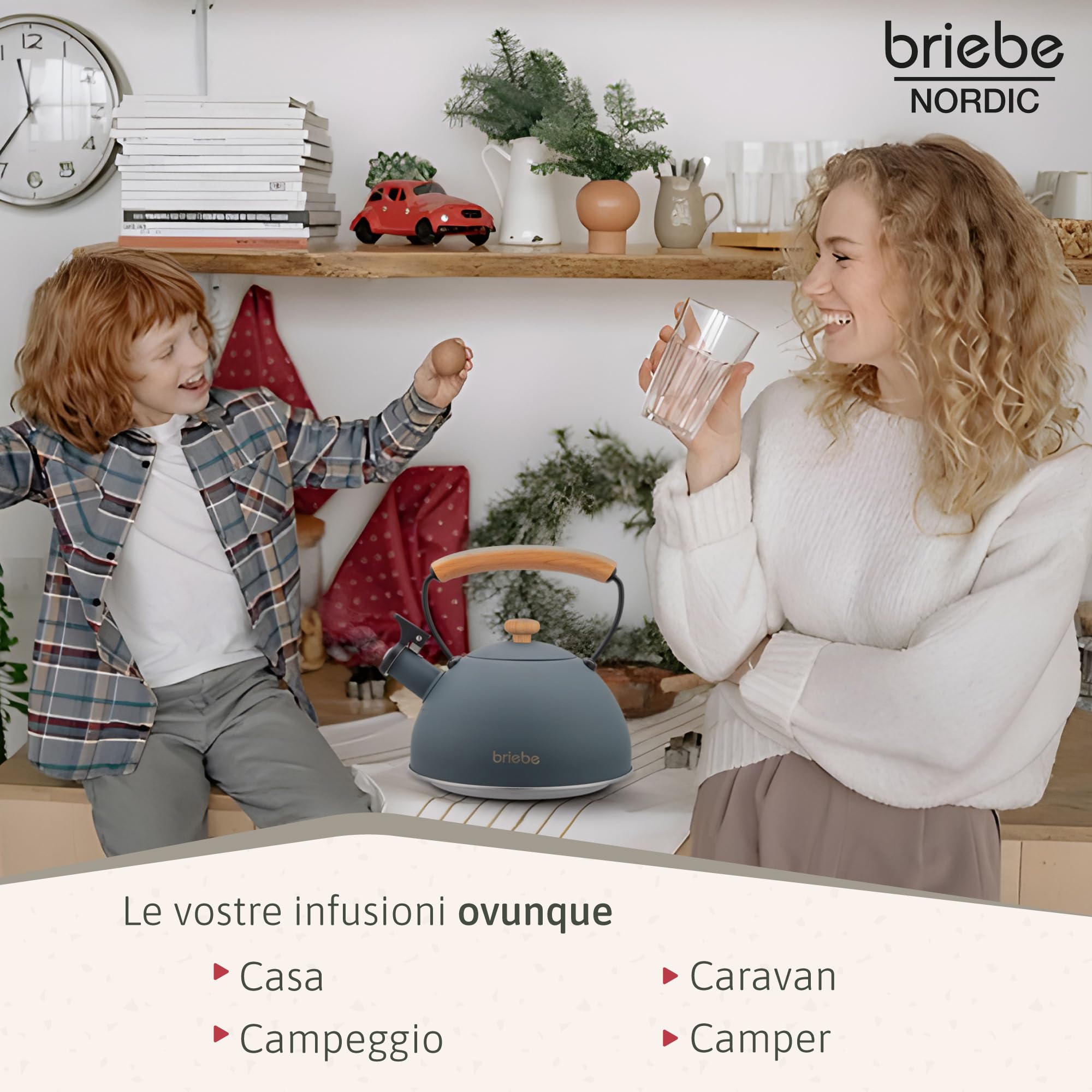 briebe Nordic Tostapane a Fessura Larga a 2 Fette, 6 Livelli di Tostatura, Pinze + Bollitore Induzione a Fischio 2,3 L, Acciaio Inossidabile, Senza BPA, Set Colazione Design Nordique Grigio