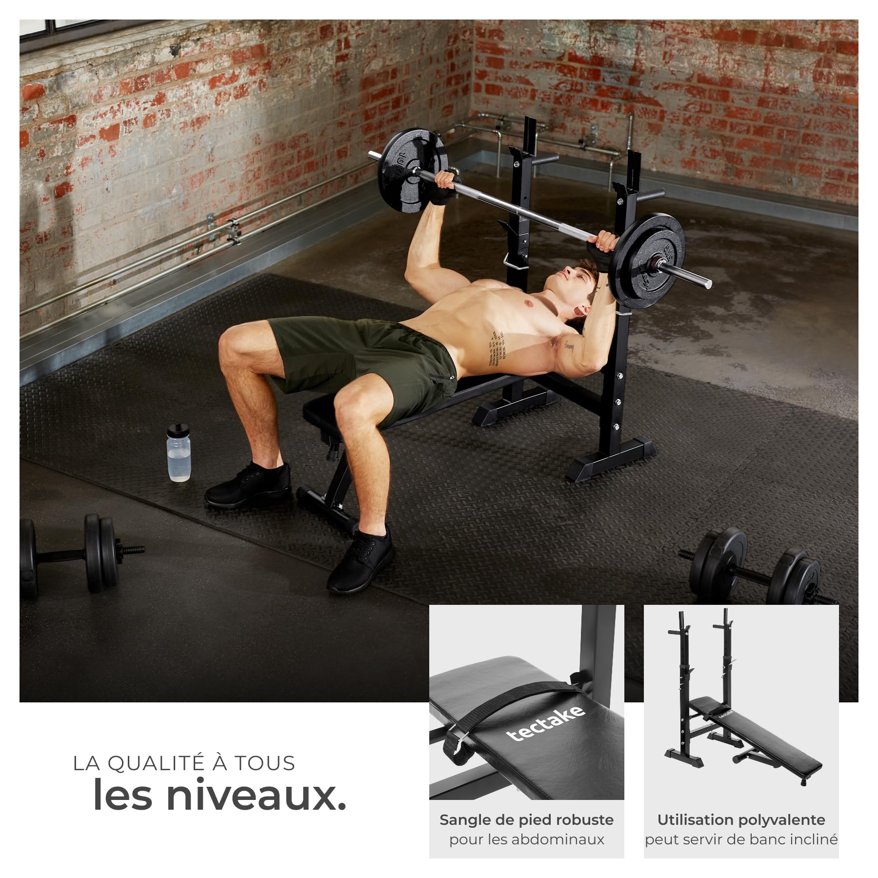 tectake® Banc de Musculation pliable 118x55x106 cm, Support haltères, Banc abdominaux, bras & épaules, Station de dips, Appareil musculation, Sport Maison, Fitness, Rembourrage épais, Antidérapant