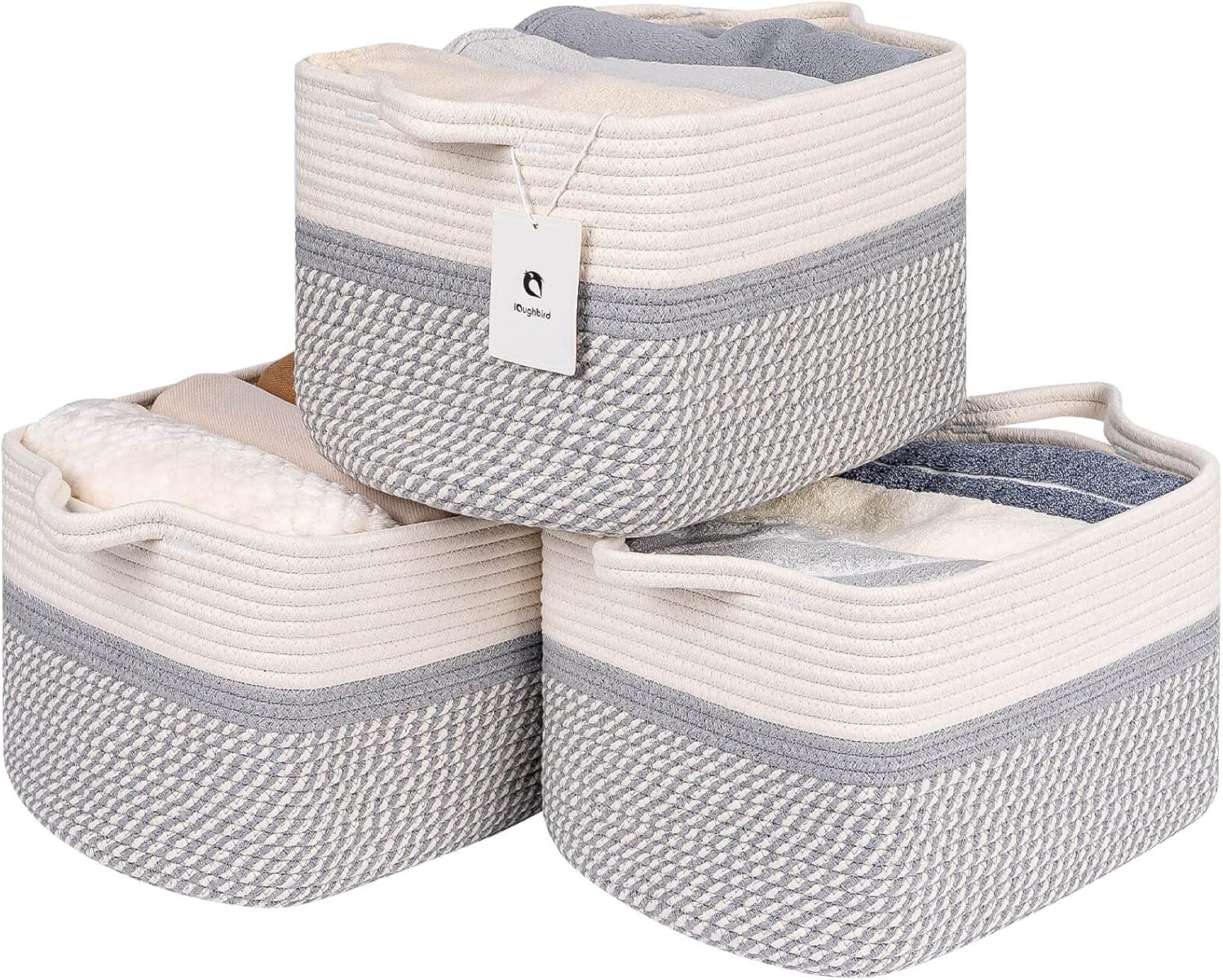 Square Cotton Rope Woven Basket Storage Bins with Handles For Shelves , Shelf Magazines, Toys Decorative Rectangle Basket For Baby Nursery, Bathroom Pack of 3 14Lx10Wx8.6H 14L*10W*8.6H White/Gray