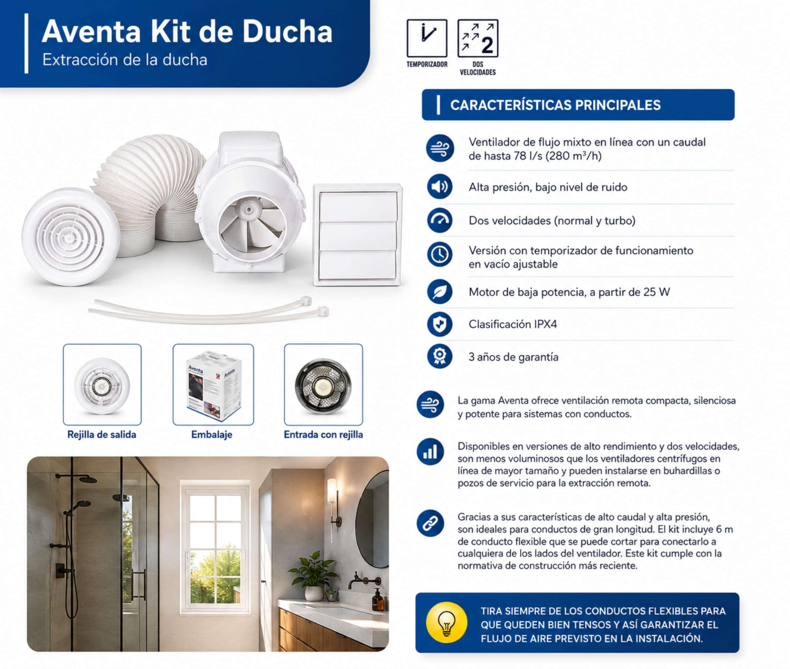 Airflow Aventa 100mm - Kit Extractor en Línea con Temporizador y Luz LED - Incluye 6m Tubo, Bridas, Rejillas Cromo/Blanco y Rejilla Externa - 2 Velocidades, Temporizador Ajustable - Garantía 3 Años