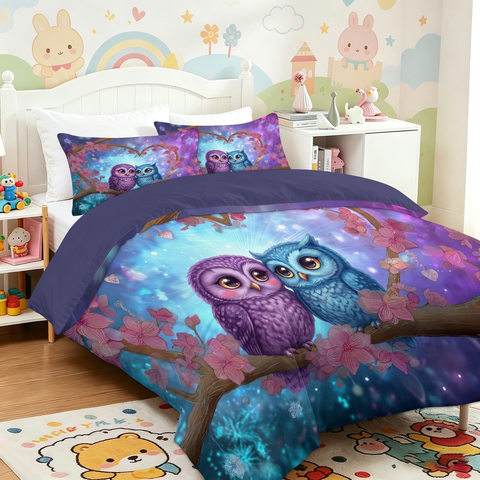 Parure de Lit 1 Personne Forêt Animal Violet avec Housse de Couette Zippée
