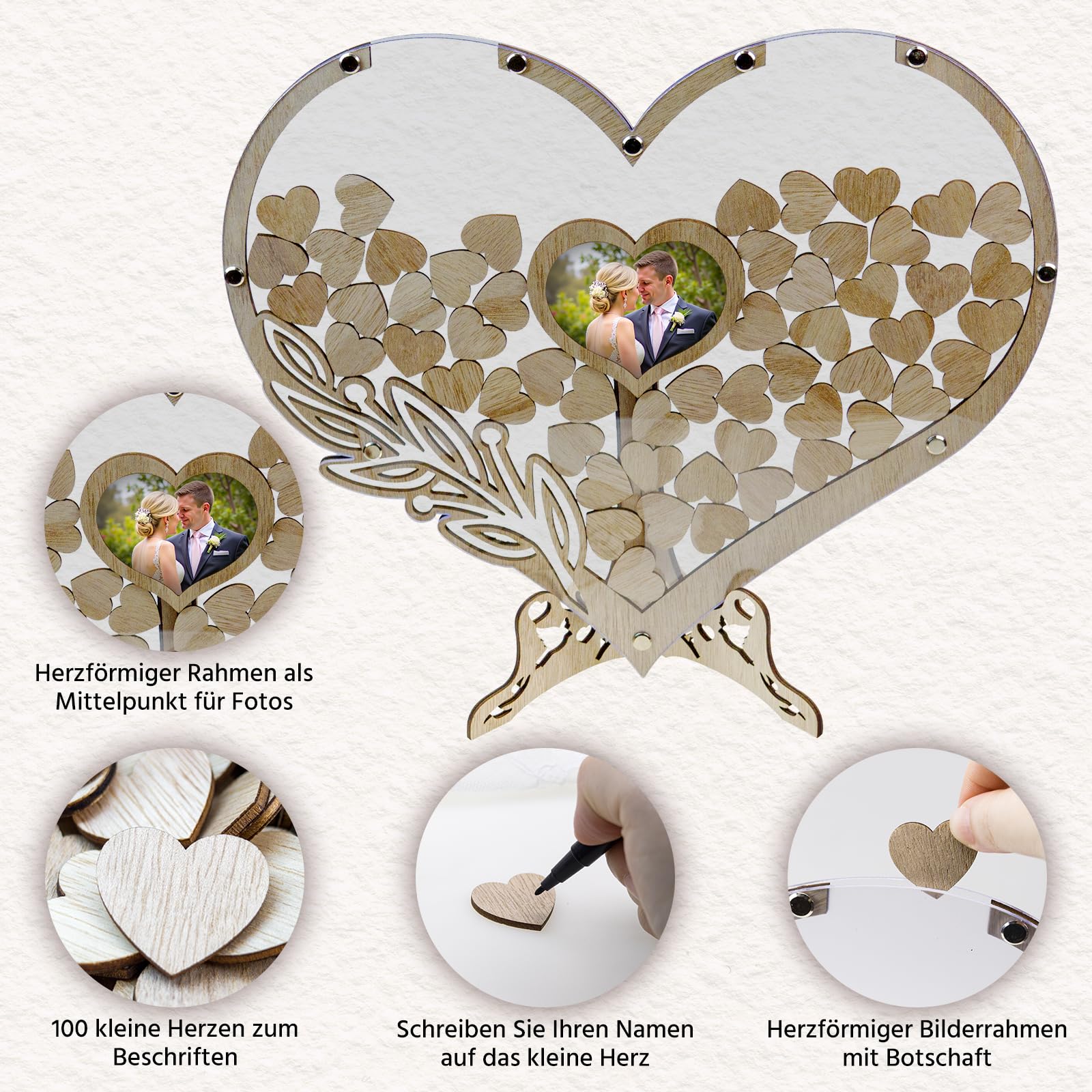 Gästebuch Hochzeit Holz,Gästebuch Hochzeit,Hochzeitsgästebuch mit 100 Holzherzen für Hochzeitsfeiern und Geburtstage, personalisierte Hochzeitsdekoration mit Gäste-Anmeldefeld und Herzrahmen für Fotos