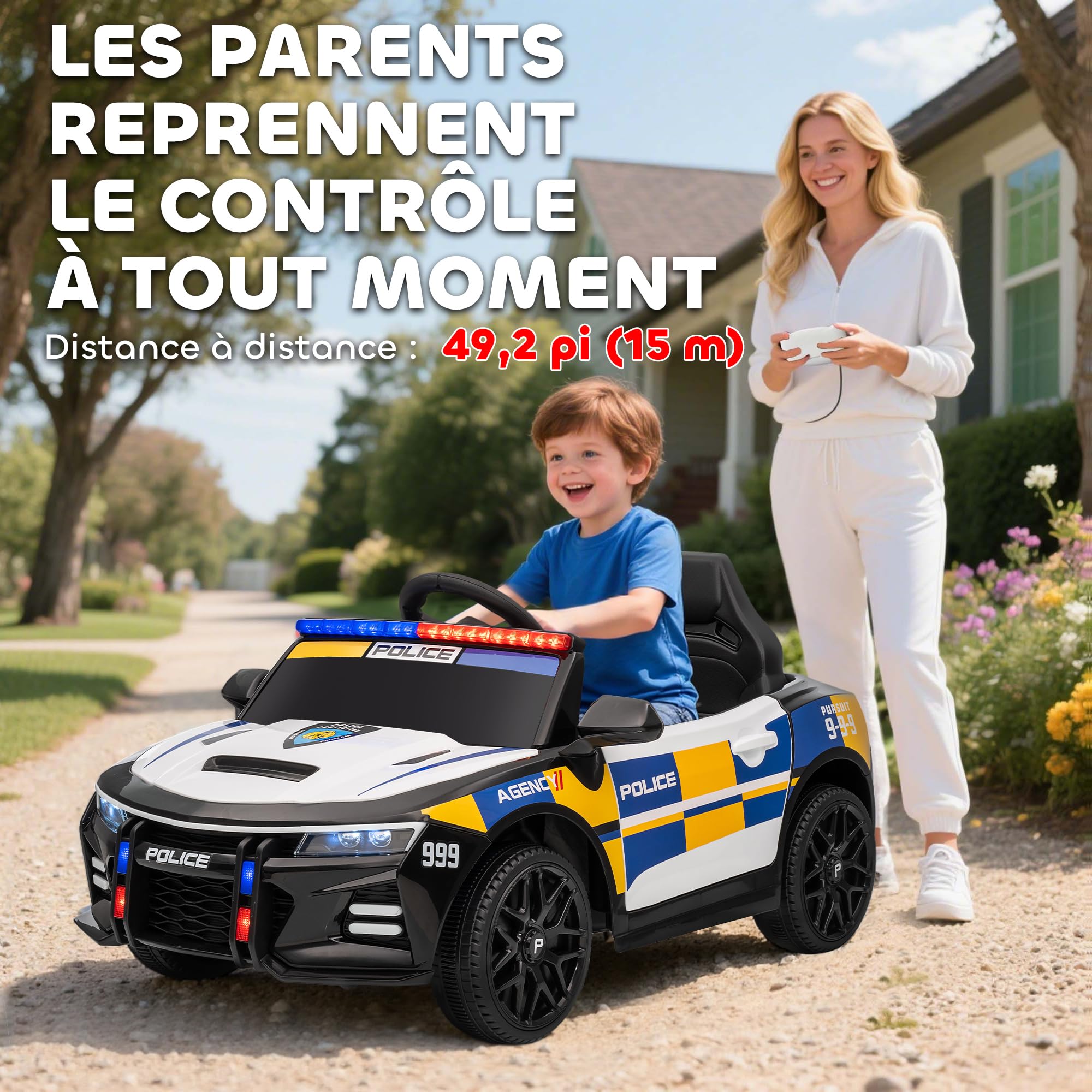 AIYAPLAY Voiture Électrique de Police Enfant 12V, 3-5 Ans, Multicolore