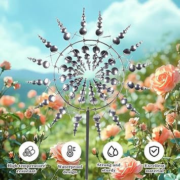 Solar Magical Windmill, Clearance Wind Spinners 3D Wind Sculptures, 13.4 x 71in Garden Art Wind Spinner,Gold