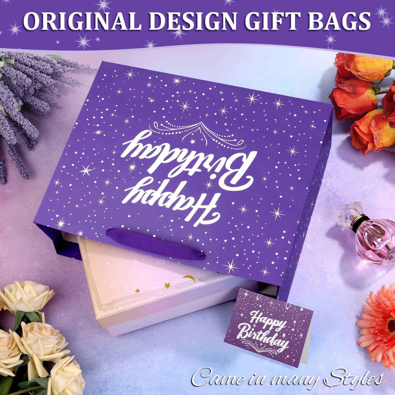 13" Purple Happy Birthday Gift Bag with Tissue Paper and Greeting Card for Party,Happy Birthday Gift Bag for Men Women,Gift Bags Medium size