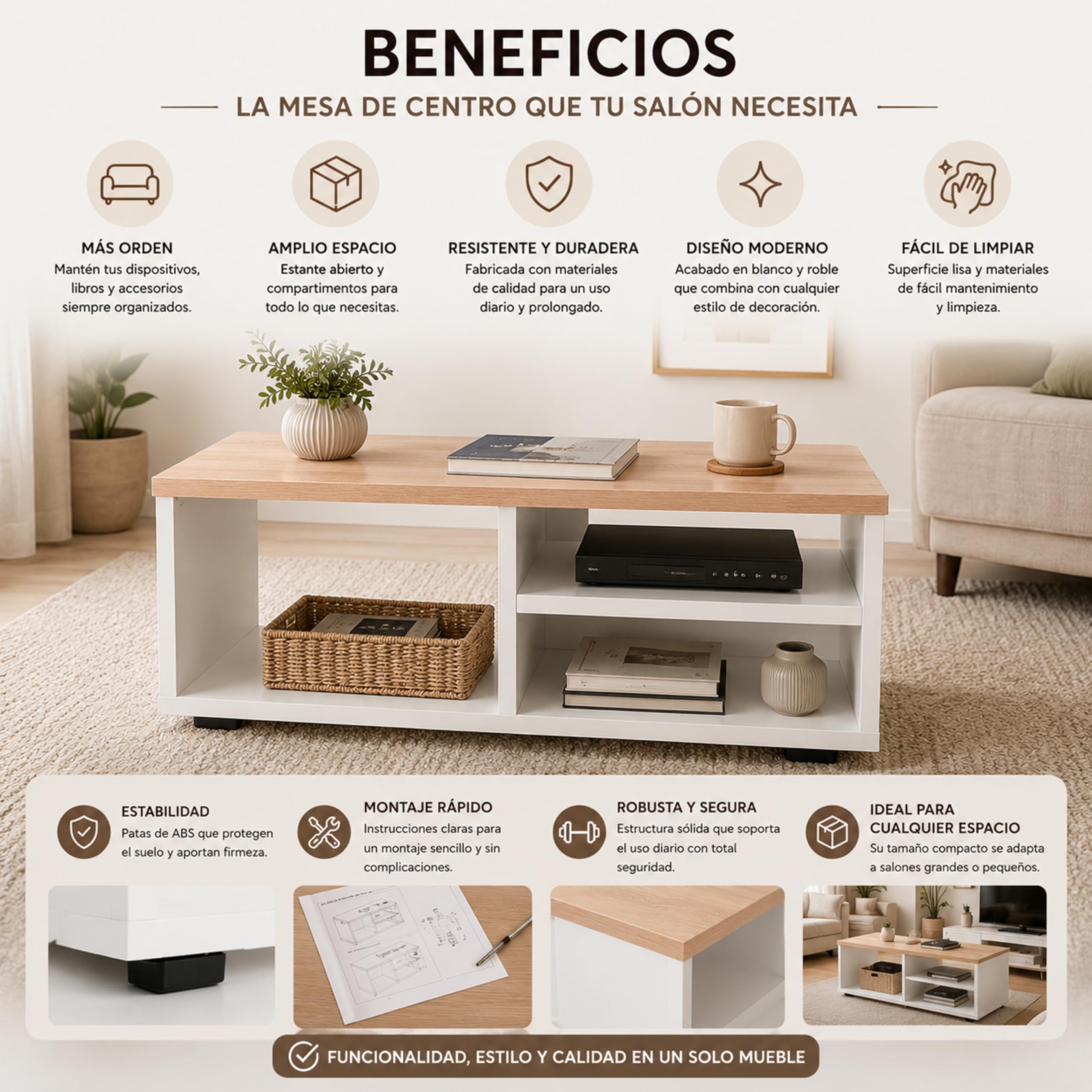 Mueble TV Blanco y Roble, Mesa TV Moderna para Salón - 90x30x35 cm | Estilo Moderno, Ideal para Decoración del Salón - Mueble TV Blanco pequeño. ONA