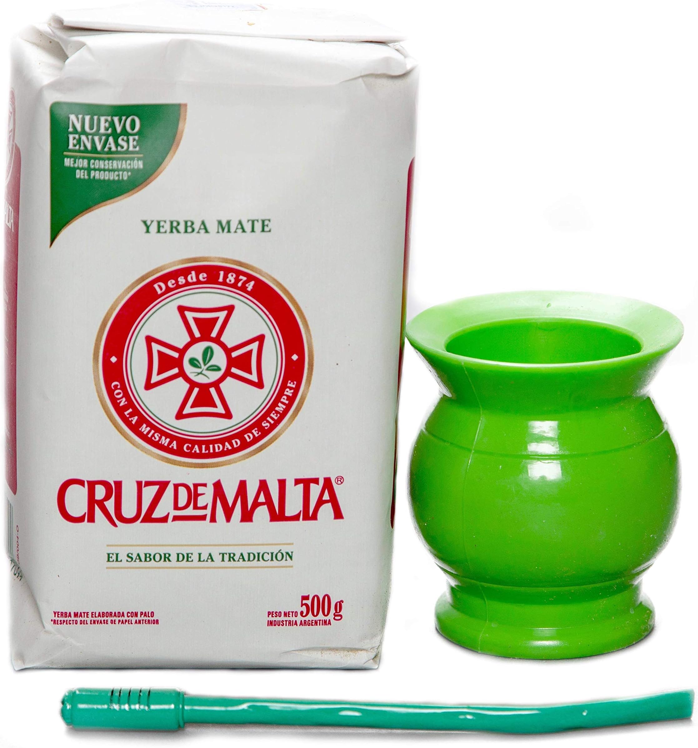 Yerba Mate Gourd Cup and Bombilla Straw Set from Argentina. Cruz De Malta Tea, Hard Plastic Gourd Cup, Metal Bombilla Kit.