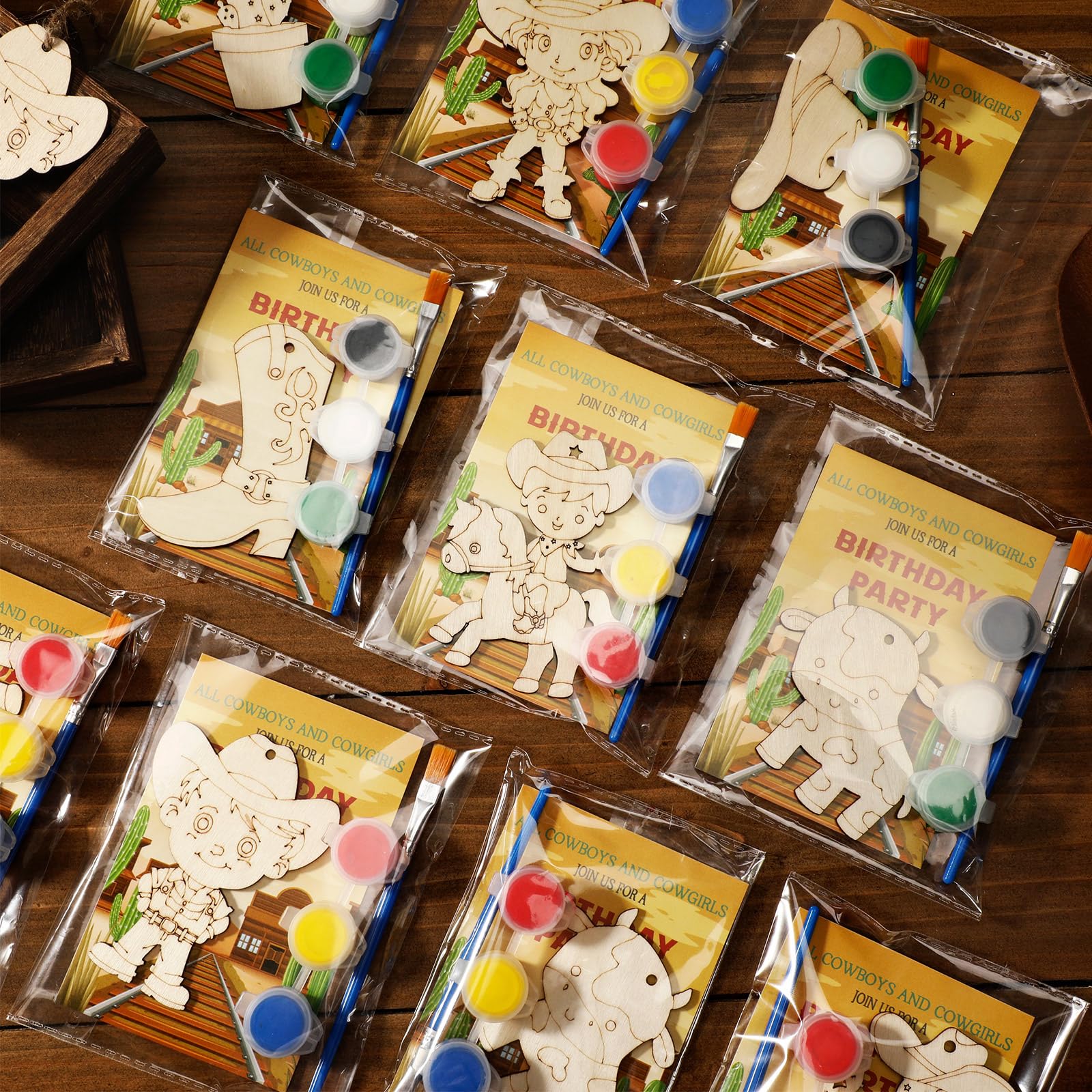 Saypacck 24 Pcs Western Cowboy Party Favors Wooden Painting Craft Kits Birthday Party Supplies with Organza Bag for Goodie Bags Fillers Adult Thank