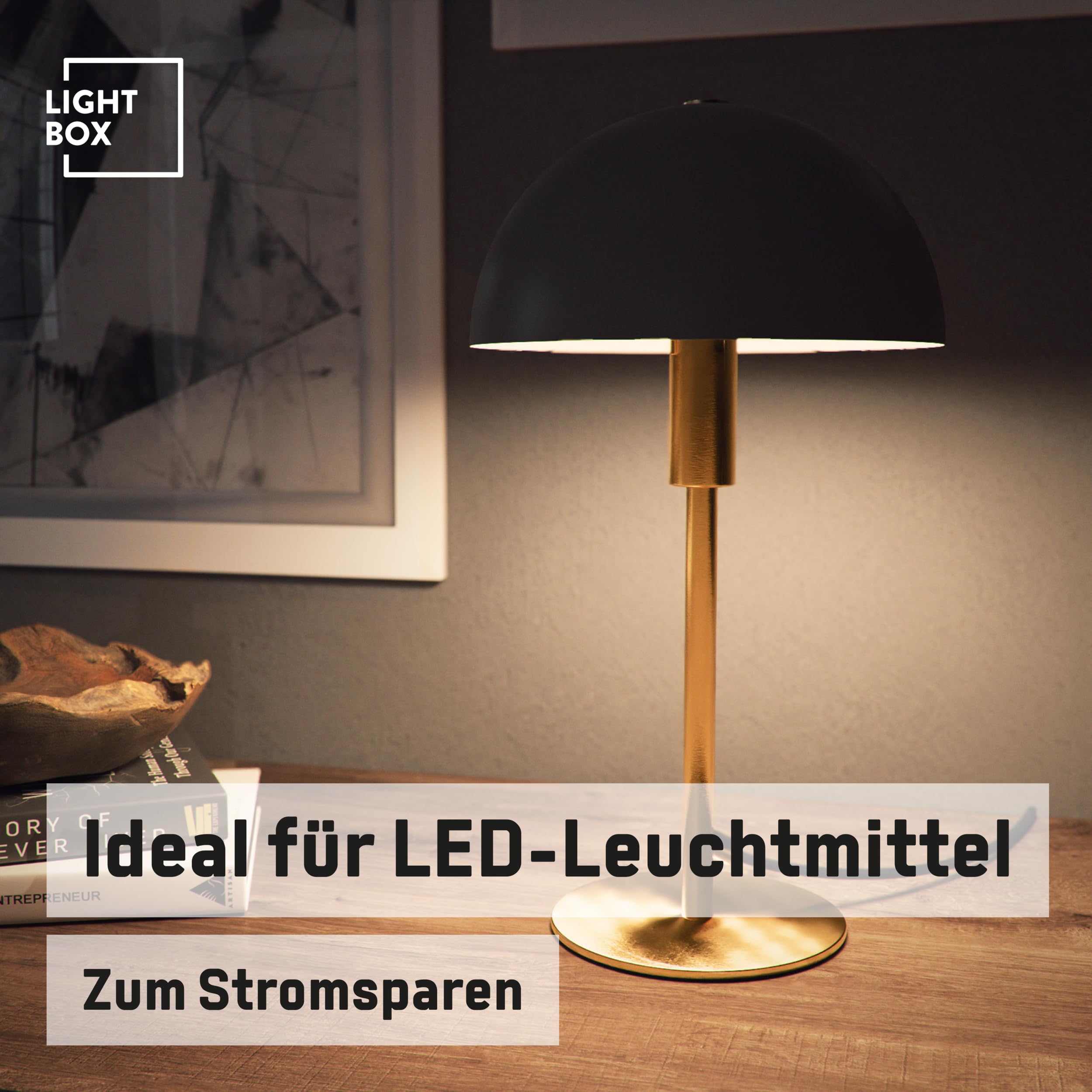 Lightbox Pilz Tischlampe | 36 cm Höhe, Ø 20 cm | Tischleuchte mit Wipp-Schalter | glamouröse LED Lampe als Nachttischlampe für das Schlafzimmer | E14 | aus Metall in Goldfarben/Matt Taupe/Grau