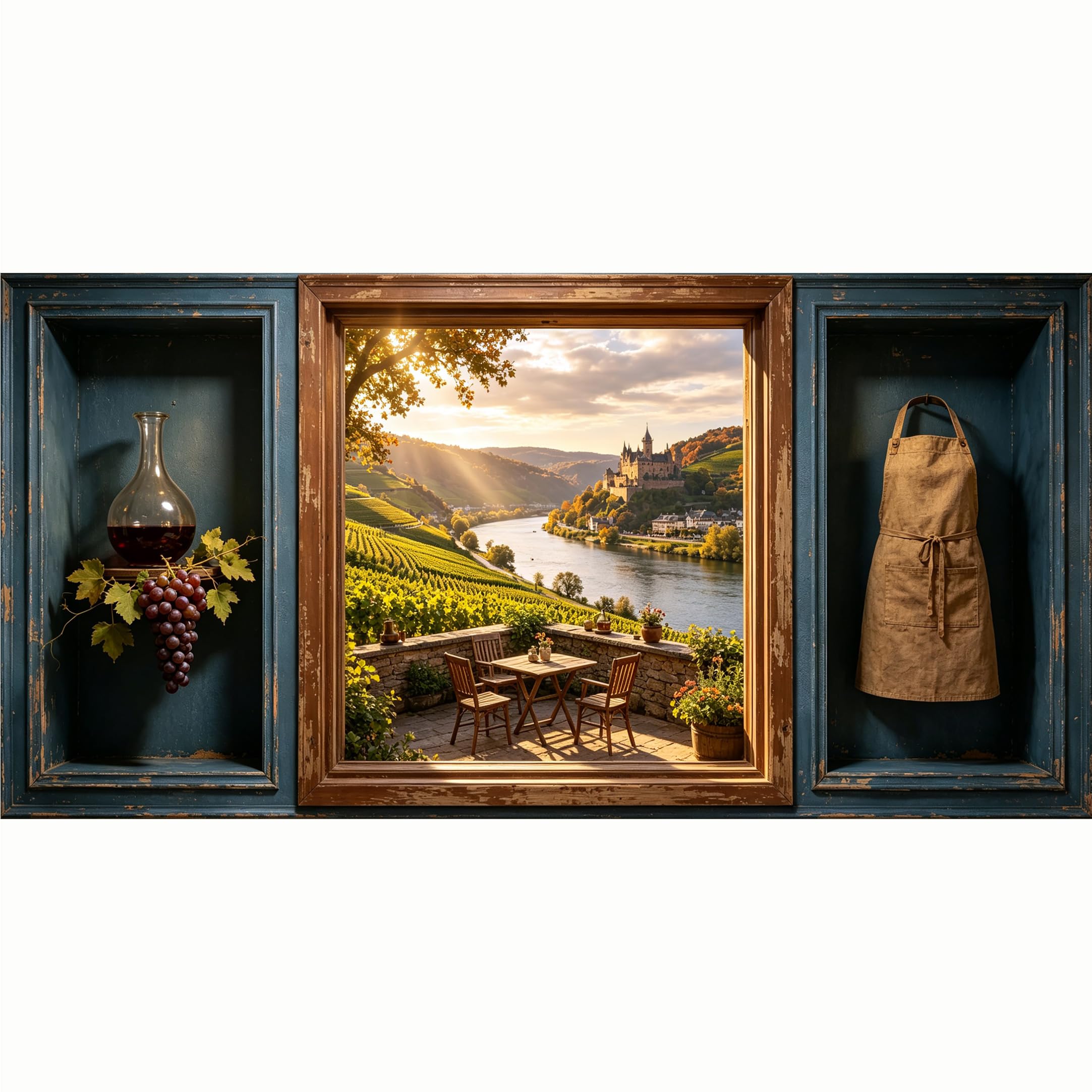 QZLITHOTIC 50x100cm 3D Framed Wall Art， Vineyard Sunset Landscape Castle Riverside Bistro Self‑Adhesive Mural， Water‑Activated Peel & Stick Fabric Decor Wall Decal for Bedroom Living Room
