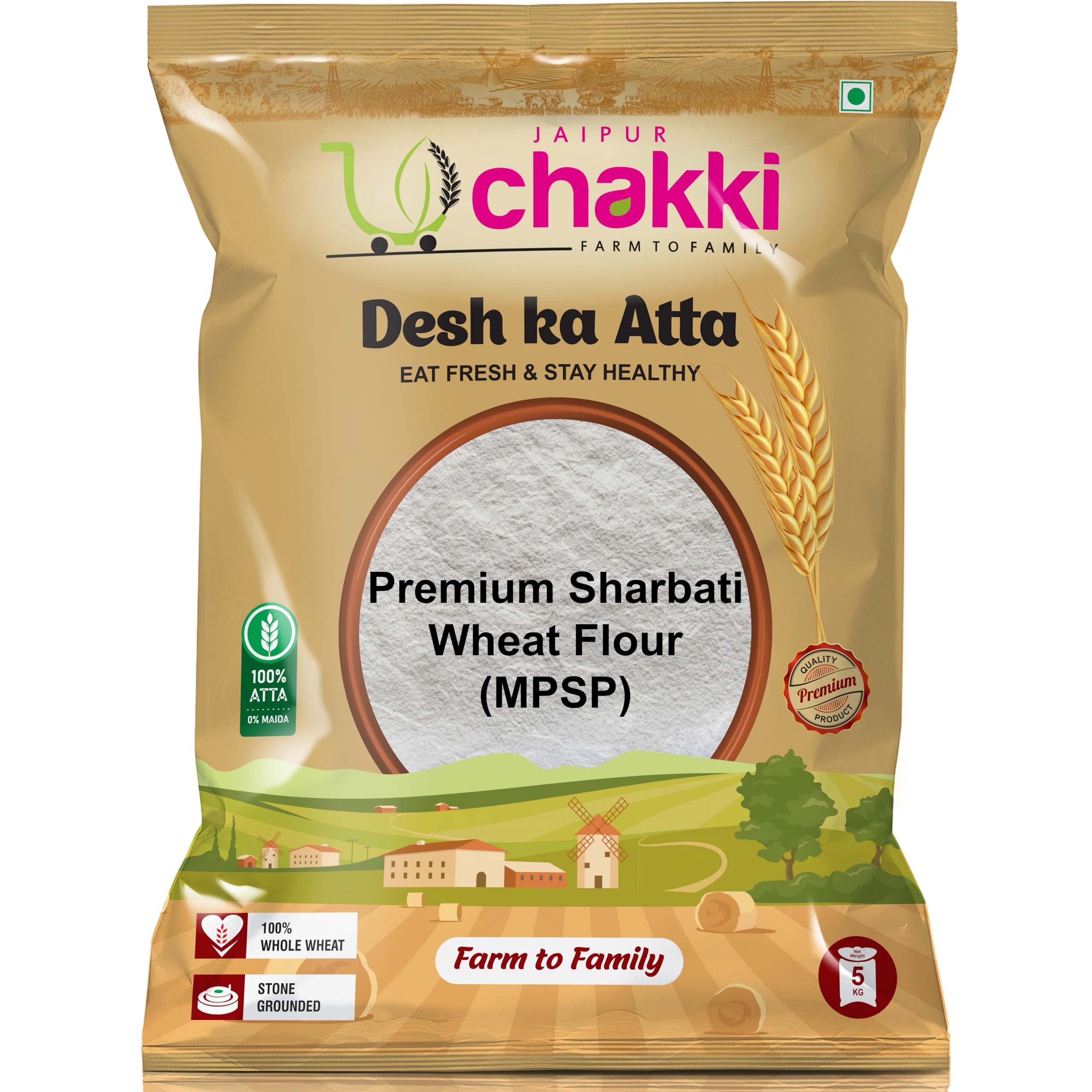 Jaipur chakkiElevate your culinary creations with Jaipur Chakki's Premium Sharbati Wheat Flour 5 KG. Packed with natural goodness, high fiber, and unmatched freshness, it's a versatile choice for all your recipes. Made from the finest golden Sharbati wheat-producing fields in Madhya Pradesh. It's known for its superior quality, and rich taste, and ideal for making soft and fluffy chapatis (Indian bread).