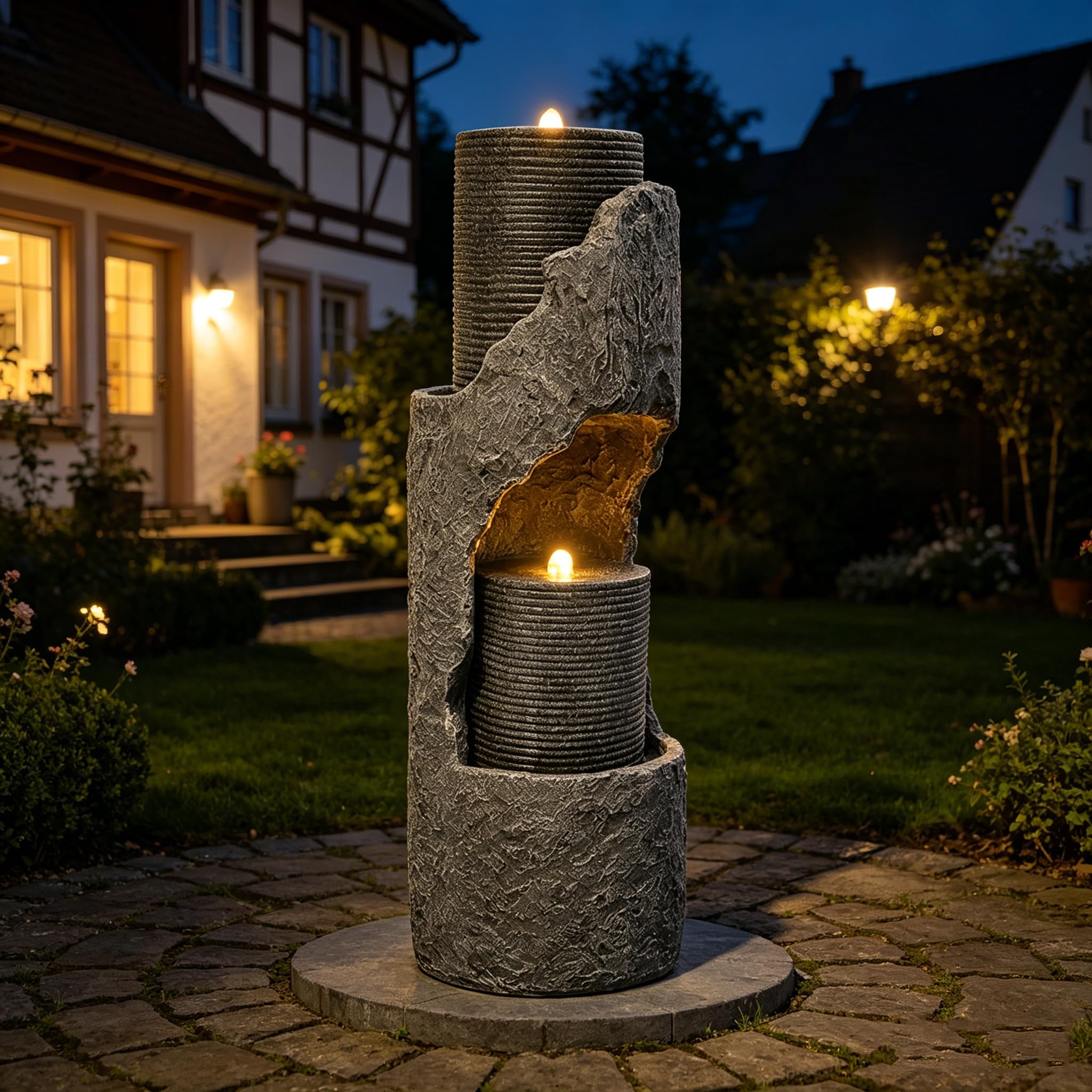 Fontana Cascata da Esterno in Poliresina Grigia con LED, Pompa, Gioco d'Acqua con Effetto Pietra Artificiale e Bacino Decorativo, Fontana Decorativa per Giardino, Terrazza, Balcone
