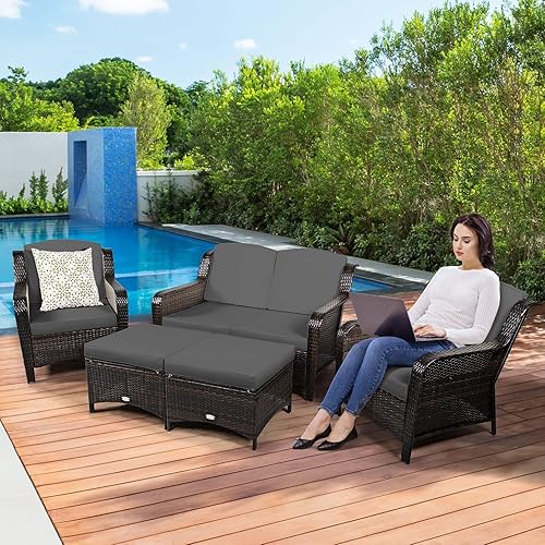 Miniatura 3 de Tangkula Juego de muebles de patio de 5 piezas, sofá de conversación de ratán para exteriores con sofá de dos plazas, sofás individuales y otomanos,