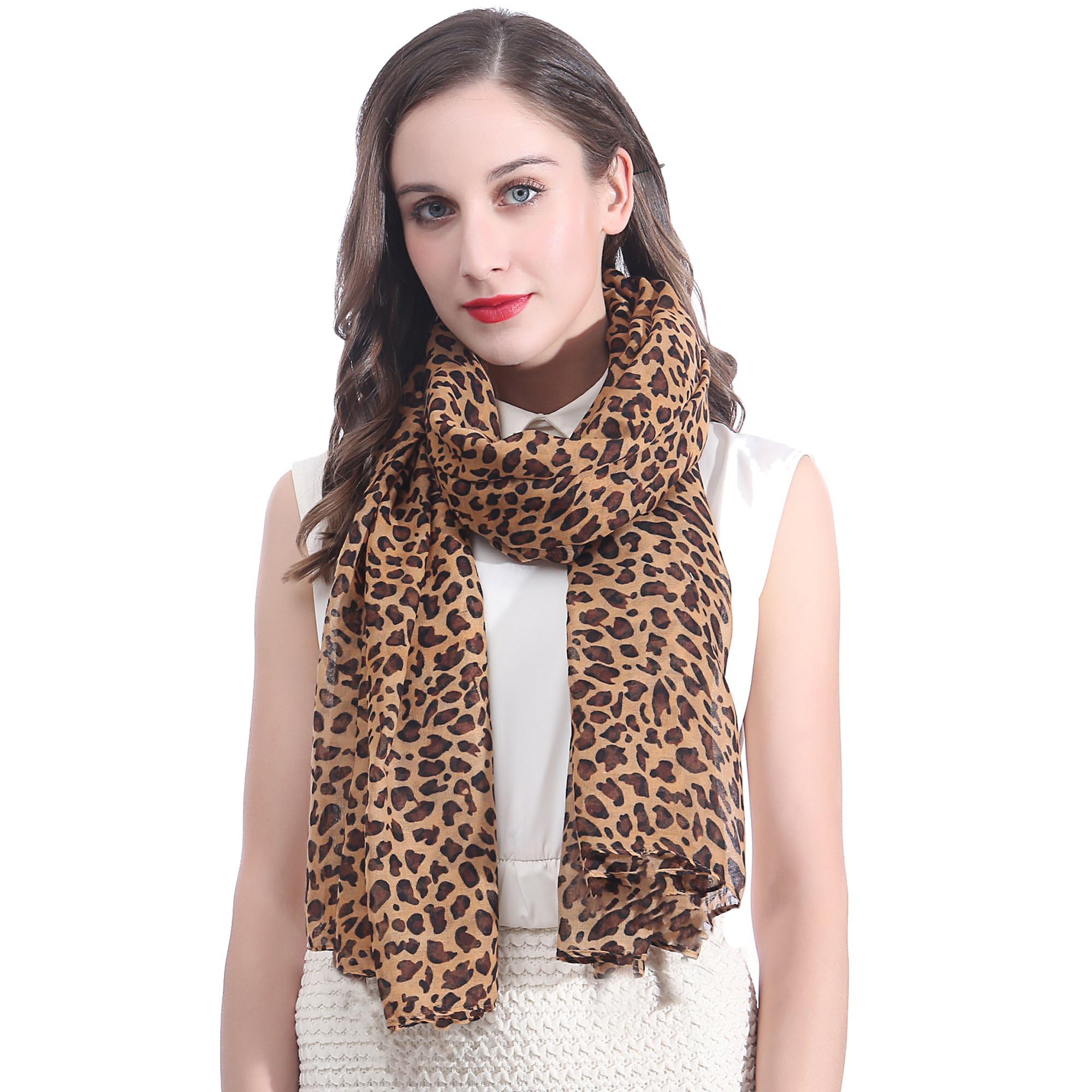 Lina & Lily Women's Brown Animal Print Large Scarf Lightweight (Leopard-)(Size: 180Cm X 90Cm)