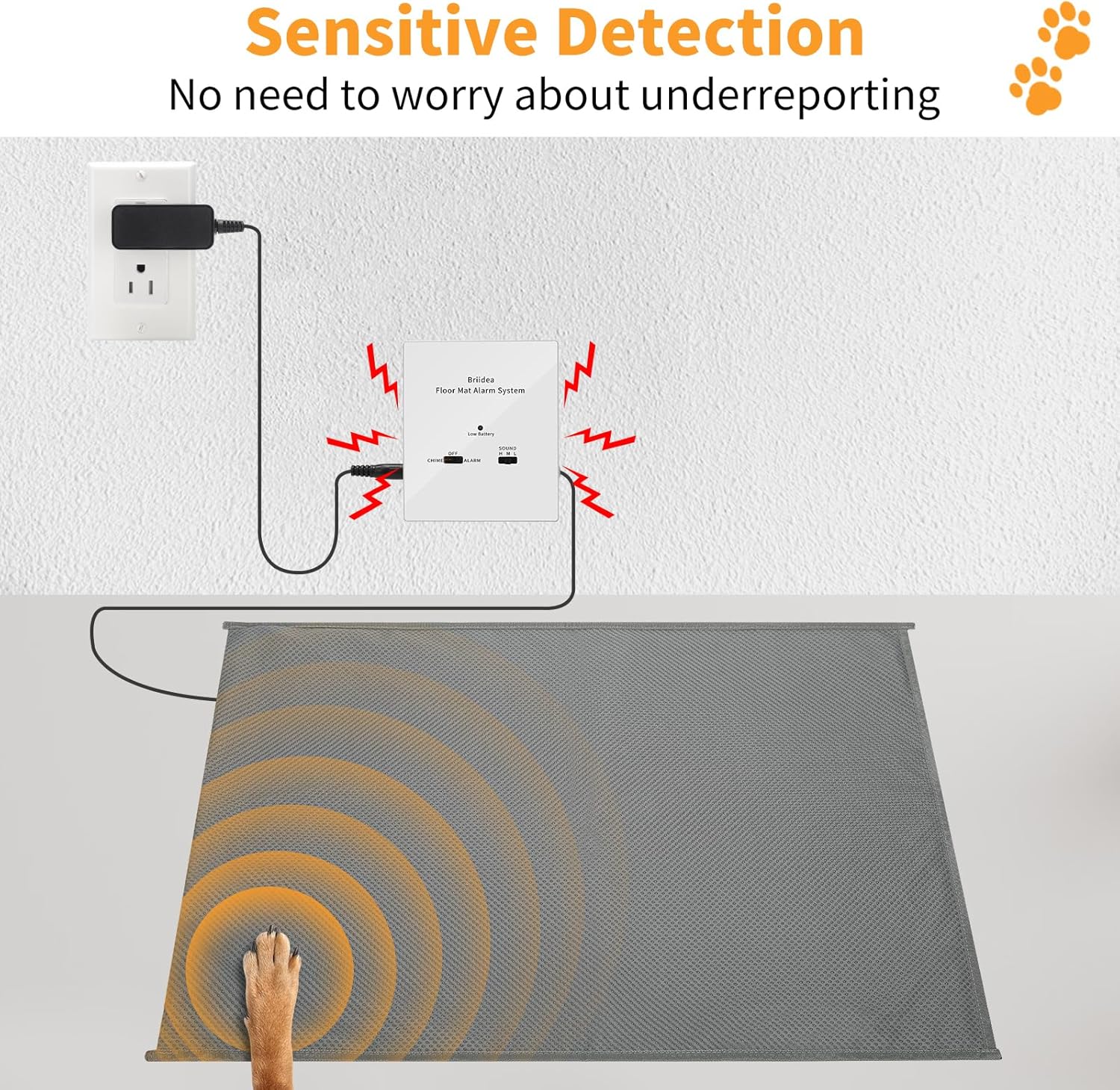 Floor Mat Home Alarm System, Briidea Pressure Mat Alarm with Alert & Chime, Adjustable Volume, Dual Power Supply, as Pet Door Mat or Elderly Monitoring Mat, Welcome Mat, 21" x 29" Size, 33ft Cord