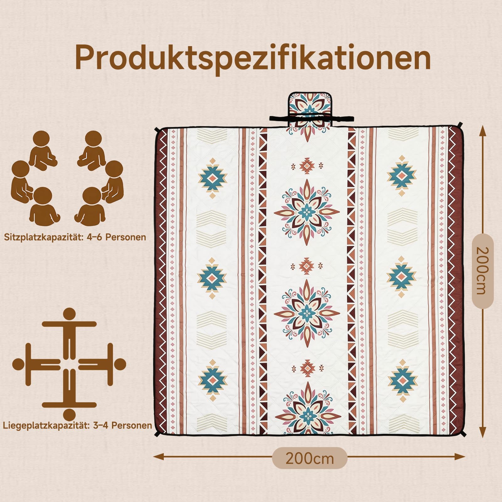 HAUSPROFI Picknickdecke Wasserdicht & Isoliert 200x200 cm Große Picknick Decke mit 3 Lagen Camping Decke Reißfest, 4 Heringe mit Tragegriff & Schultergurt Maschinenwaschbar für Strand, Park, Camping