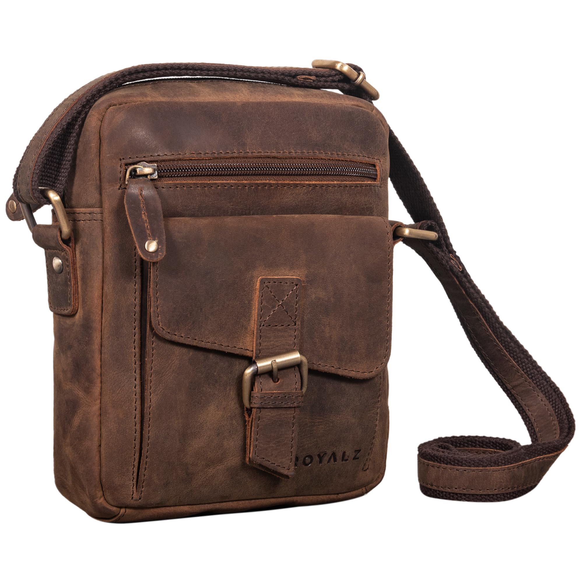 ROYALZ "Knoxville kleine Ledertasche Herren Vintage Männer Umhängetasche Mini Messenger Bag Schultertasche klein;Farbe:Roma Cognac Braun