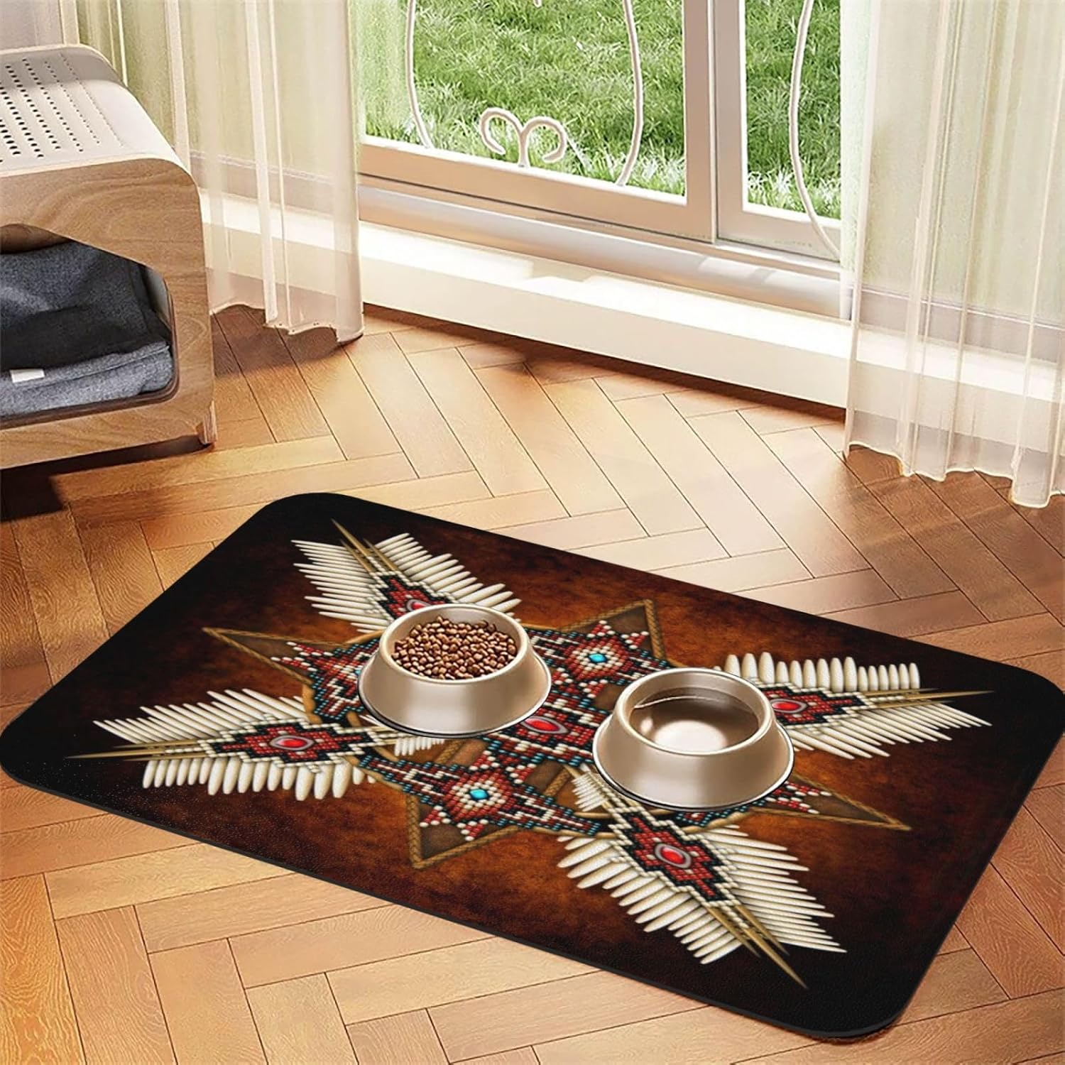 Native American Art Medicine Wheel Pet Feeding Mat-Absorbent Quick Dry Pet Cat Dog Food Mat Non Slip Waterproof Rubber Dish Placemat