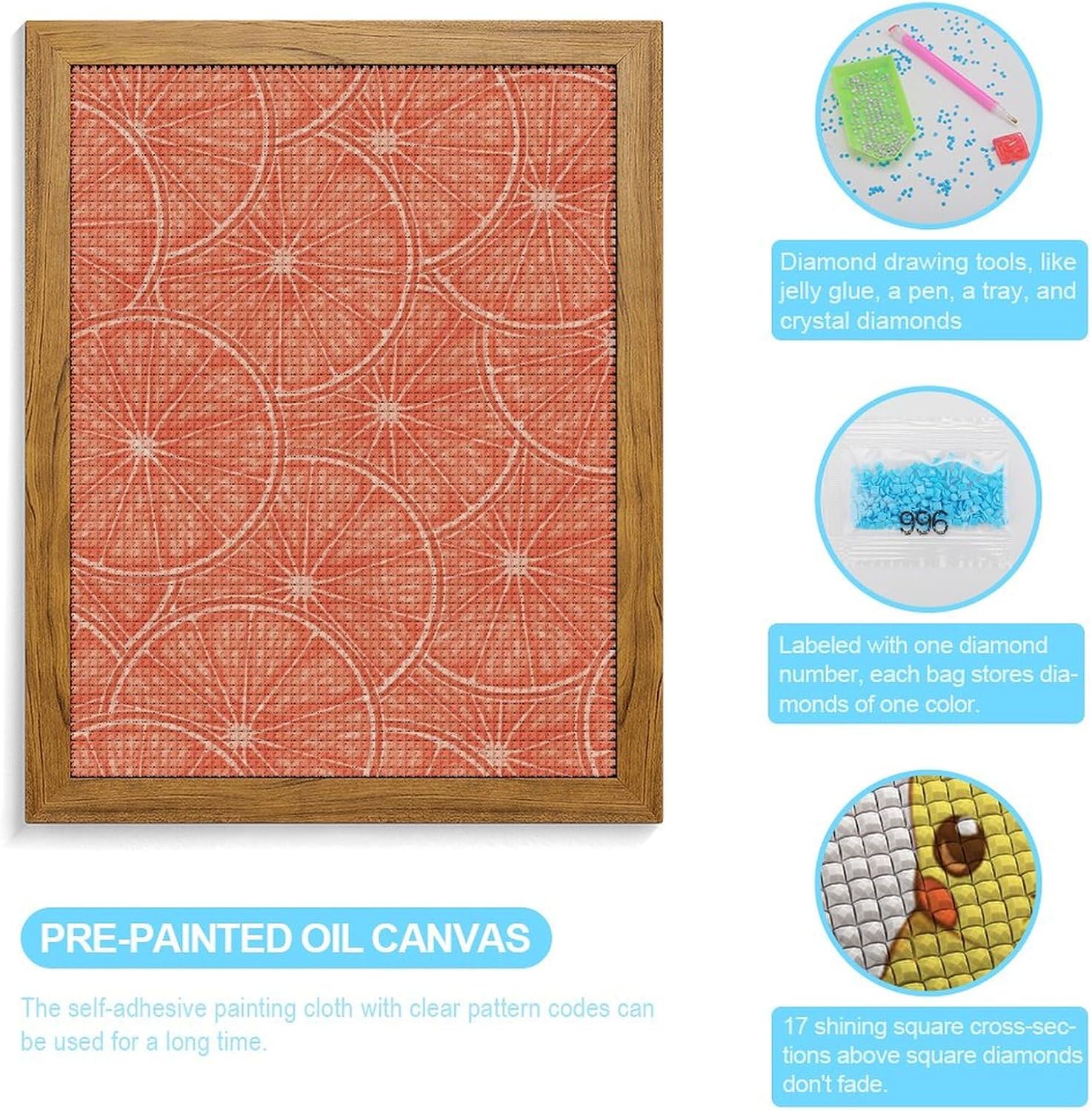 Orange Slice Fruit Diamond 5D Painting Kits with Frame DIY Full Round Drill Gem Art Crafts for Home Wall Decor 16 X 20in Yellow Wood 40 * 50cm