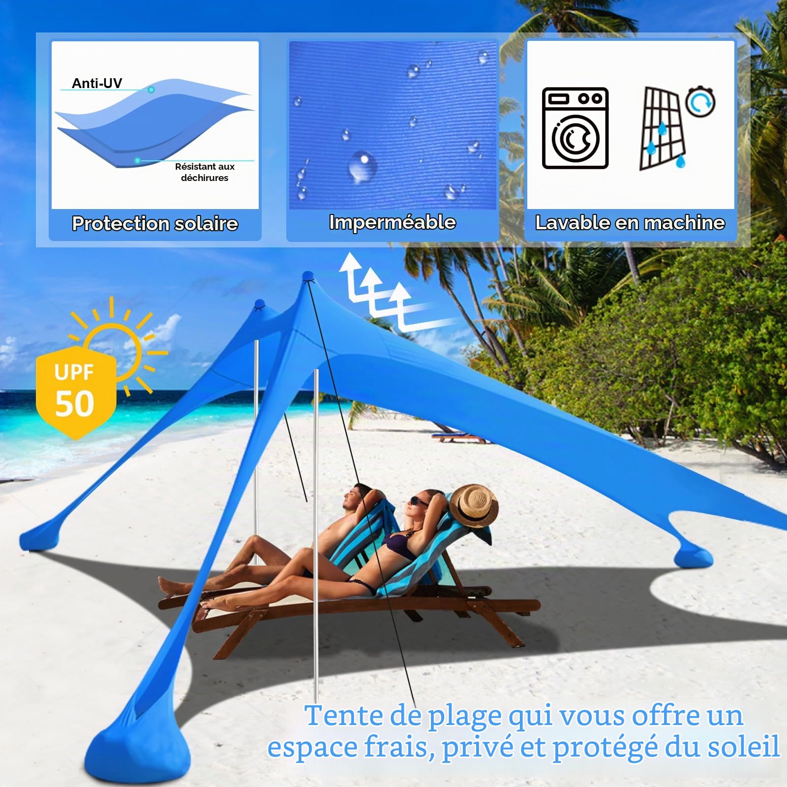 Tente de plage, voile d'ombre plage, 3 x 3 m, SPF 50+, piquets de sable inclus, barres de stabilité, protection vent et soleil, extérieur, camping