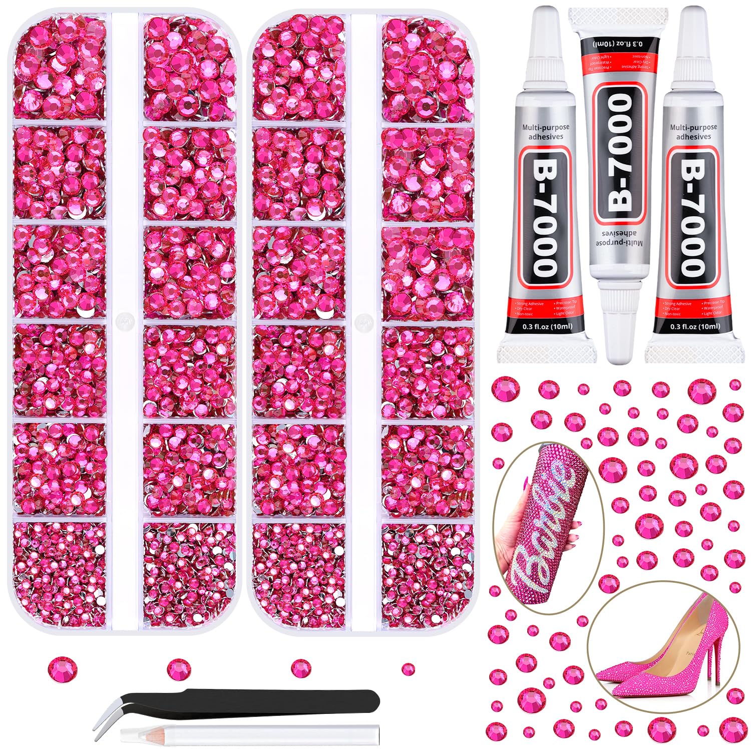 12100Pcs Resin Rhinestones for Crafting with 3Pcs 10ml B7000 Jewelry Glue, 2 Boxes Flatback Crystals Diomand (Hot Pink) for Bedazzling Crafts DIY Nail