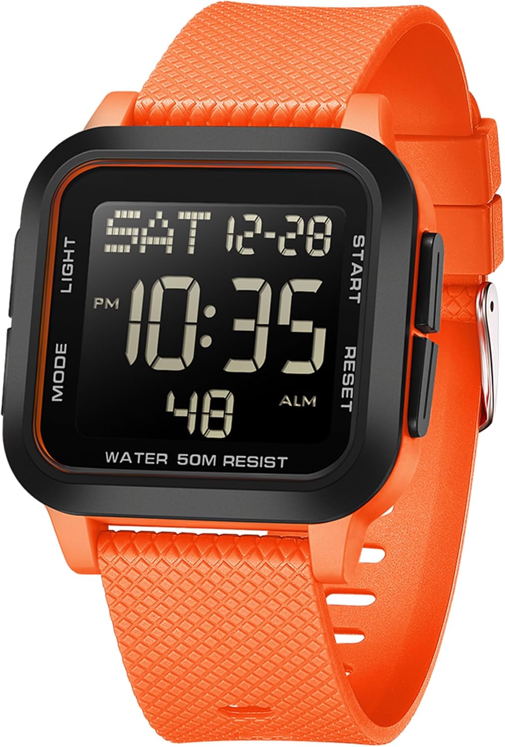 Findtime Orologio Digitale Tonneau Uomo – 50mm, Impermeabile 5ATM, LED, Sveglia, Doppio Fuso, Cinturino Silicone, Nero - 4