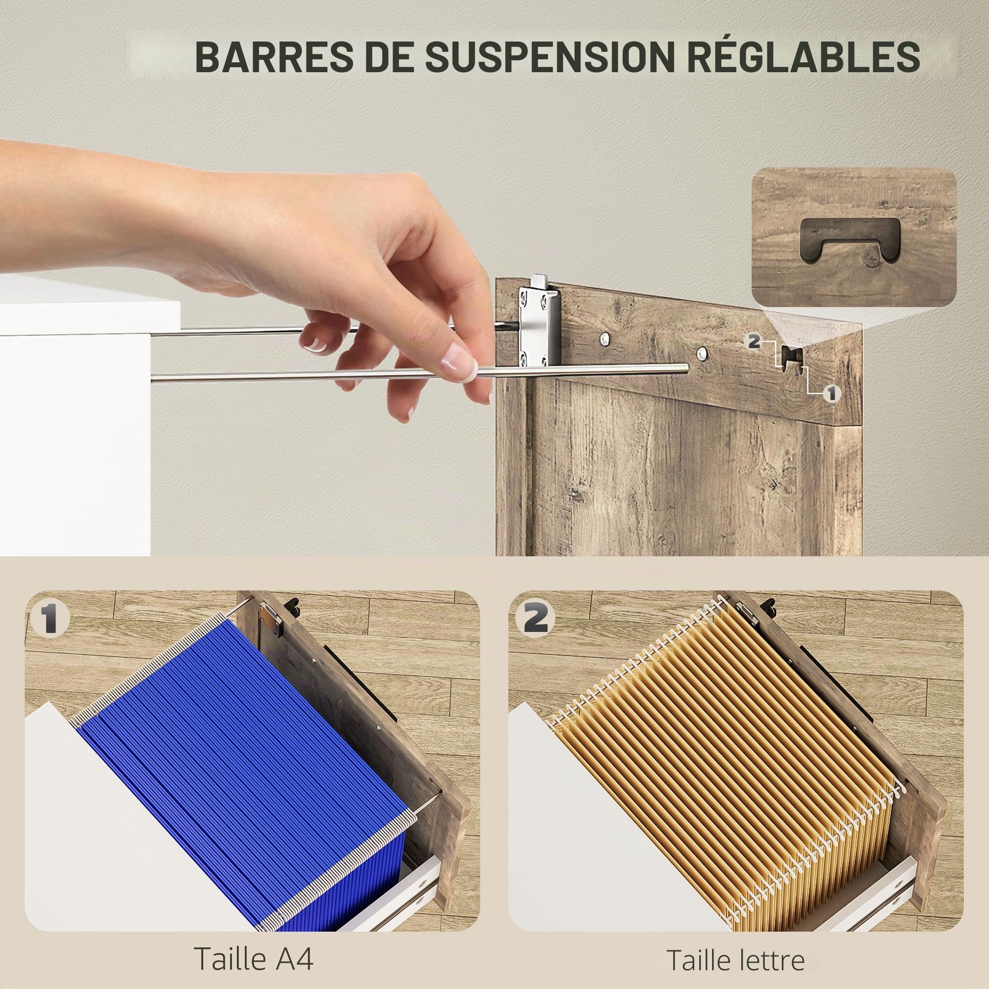 HOMCOM Armoire à tiroirs de Bureau avec 4 tiroirs Armoire à tiroirs de Bureau avec Serrure 2 clés Barres de Suspension pour A4 Lettre à dossiers Mobile pour 39,4x40x129 cm Blanc & Bois