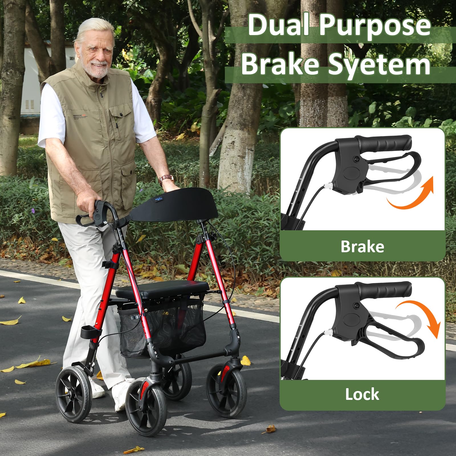 WALK MATE Andador plegable y ligero con asiento, soporta hasta 175 kg, andador para la vivienda interior y exterior con ruedas antideslizantes, altura regulable de aluminio, incluye bolsa y soporte