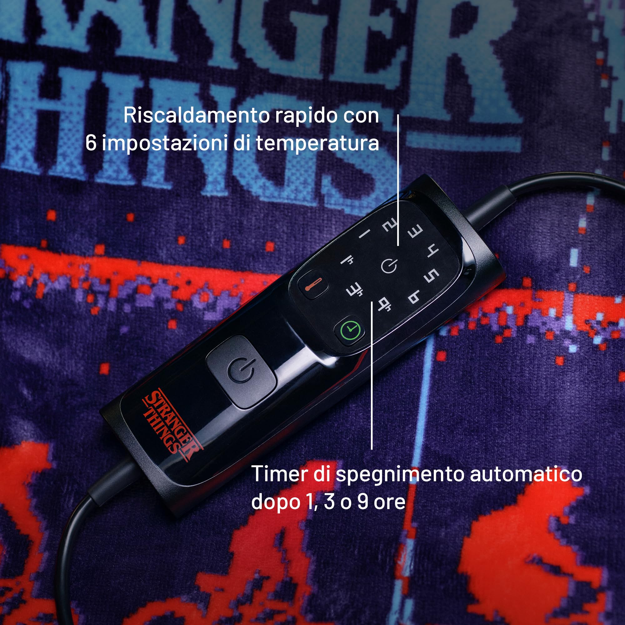 Imetec - CaldoPlaid Stranger Things XL Riscaldabile 180x140cm - Velvet Morbido, Termocromatica, 6 Temperature, Basso Consumo - RUN!