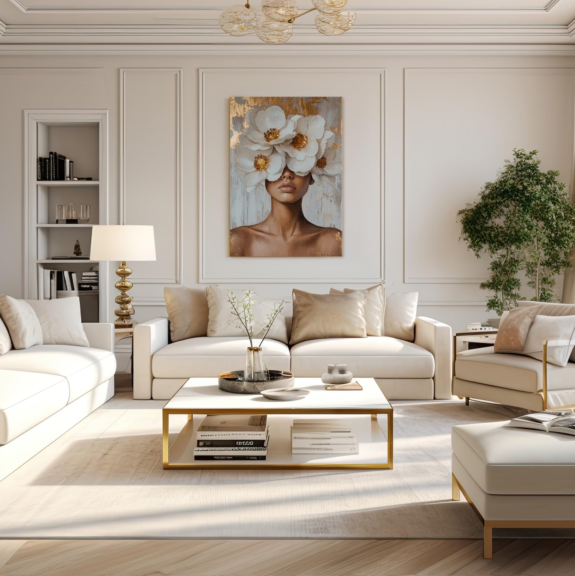 STYLER Henriette Płótno ścienne 70 x 100 cm (gotowe do powieszenia) Ekspresyjny portret I Kobieta z białymi kwiatami na złotym tle I Sztuka ścienna salon sypialnia przedpokój biuro