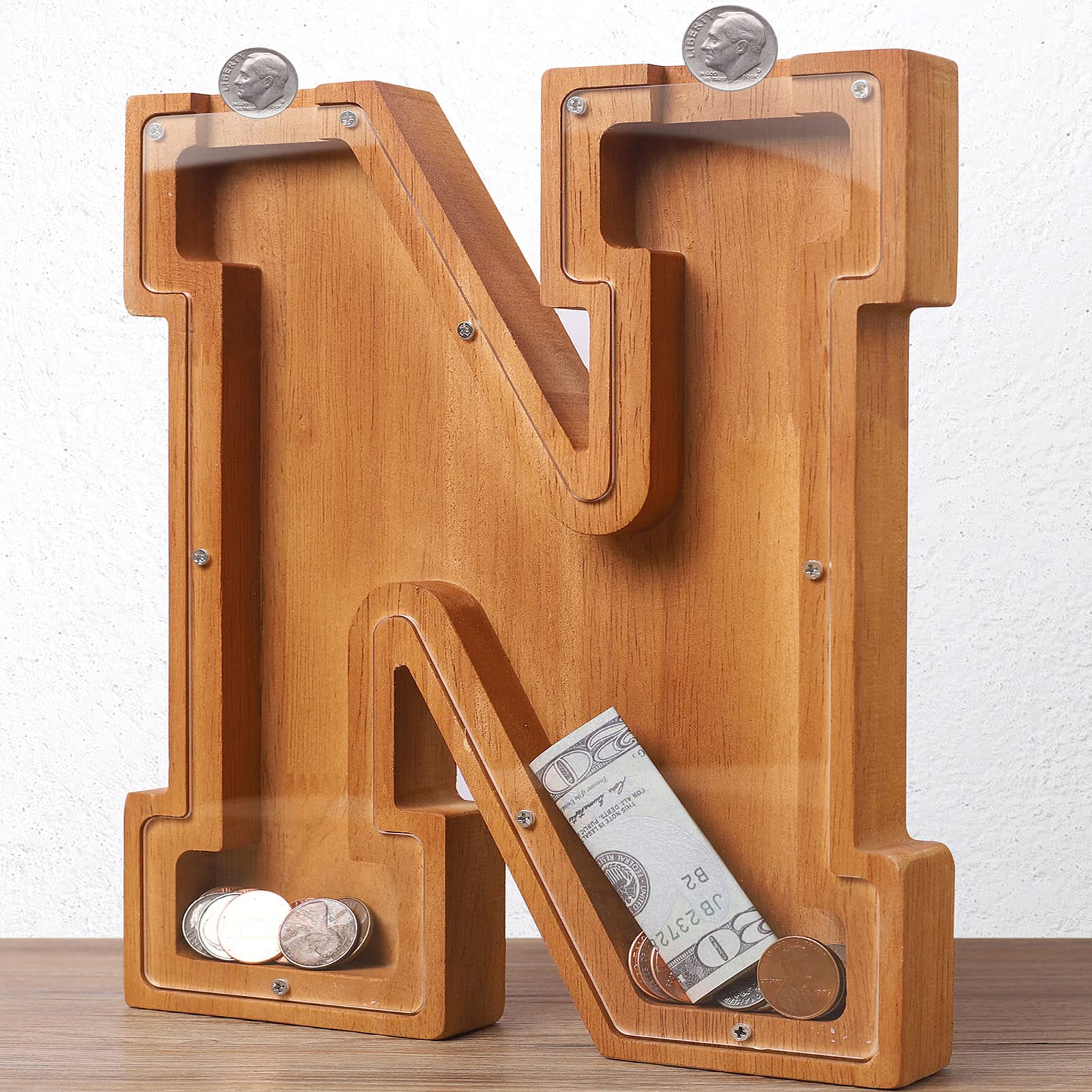 Wooden Letter Piggy Bank for Kids Boys Girls Large 26 Alphabet Money Bank Personalized Custom Name Transparent Saving Coin Bank, Perfect Christmas,