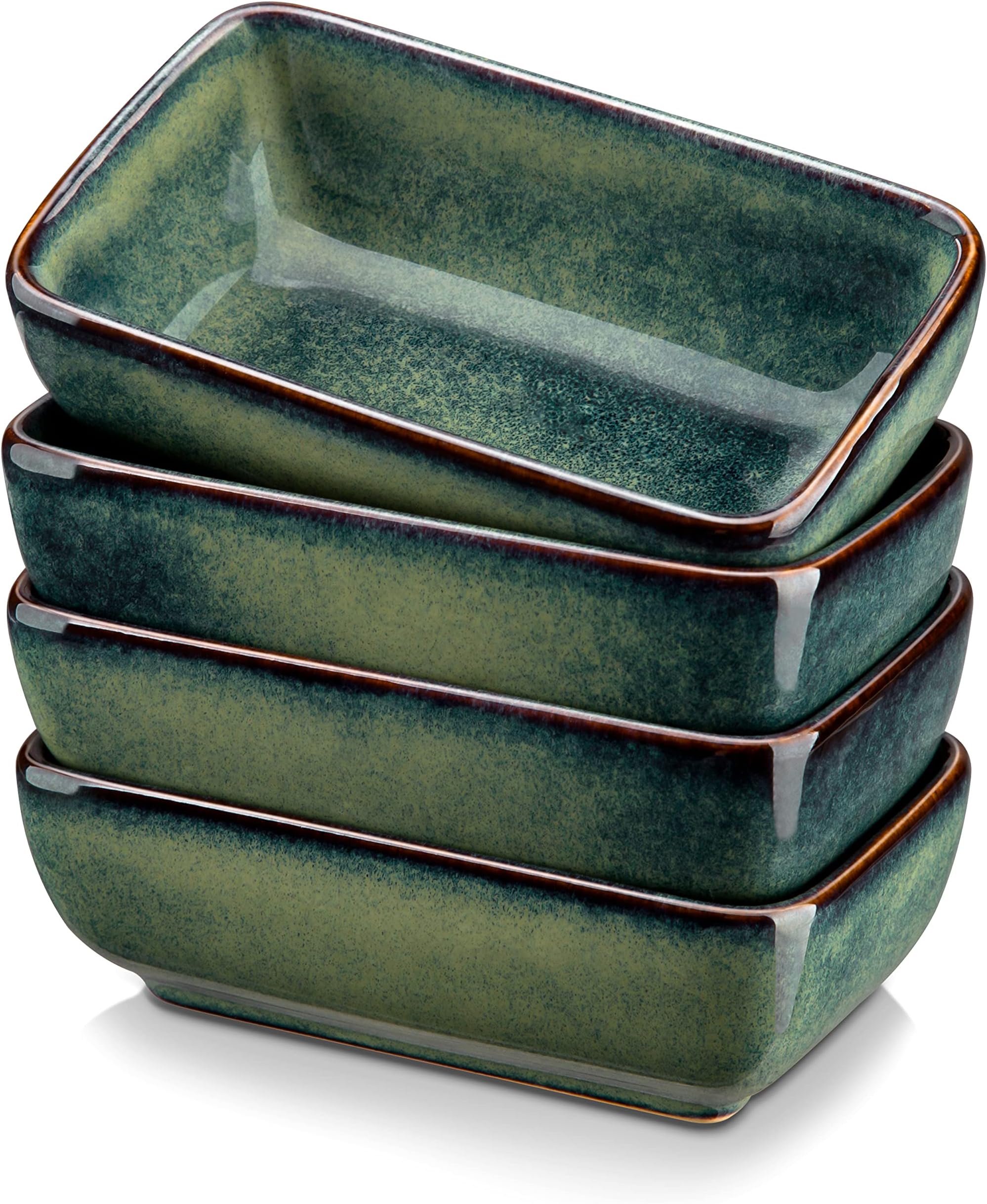 vancasso Stern Green 4-Piece Saucer Dish Set, Reactive Glaze Dipping Snack Bowl, Ceramic Small Serving Dish/Condiment Dish/Seasoning Bowl/Sushi Soy Dish, Rectangular. (11.5x6.8x4cm)