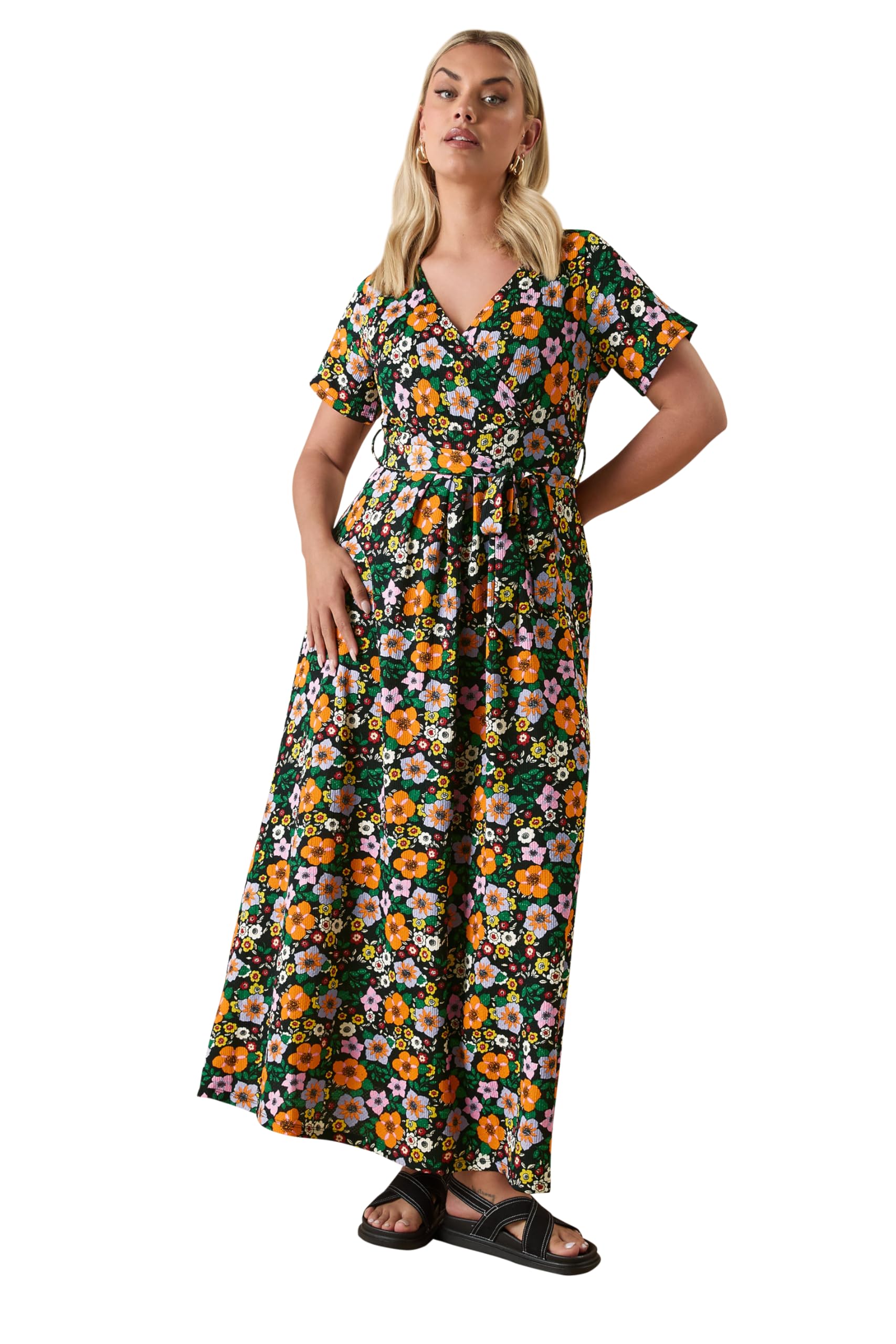Yours Women's Black Floral Print Maxi Wrap Dress In Size 22-24