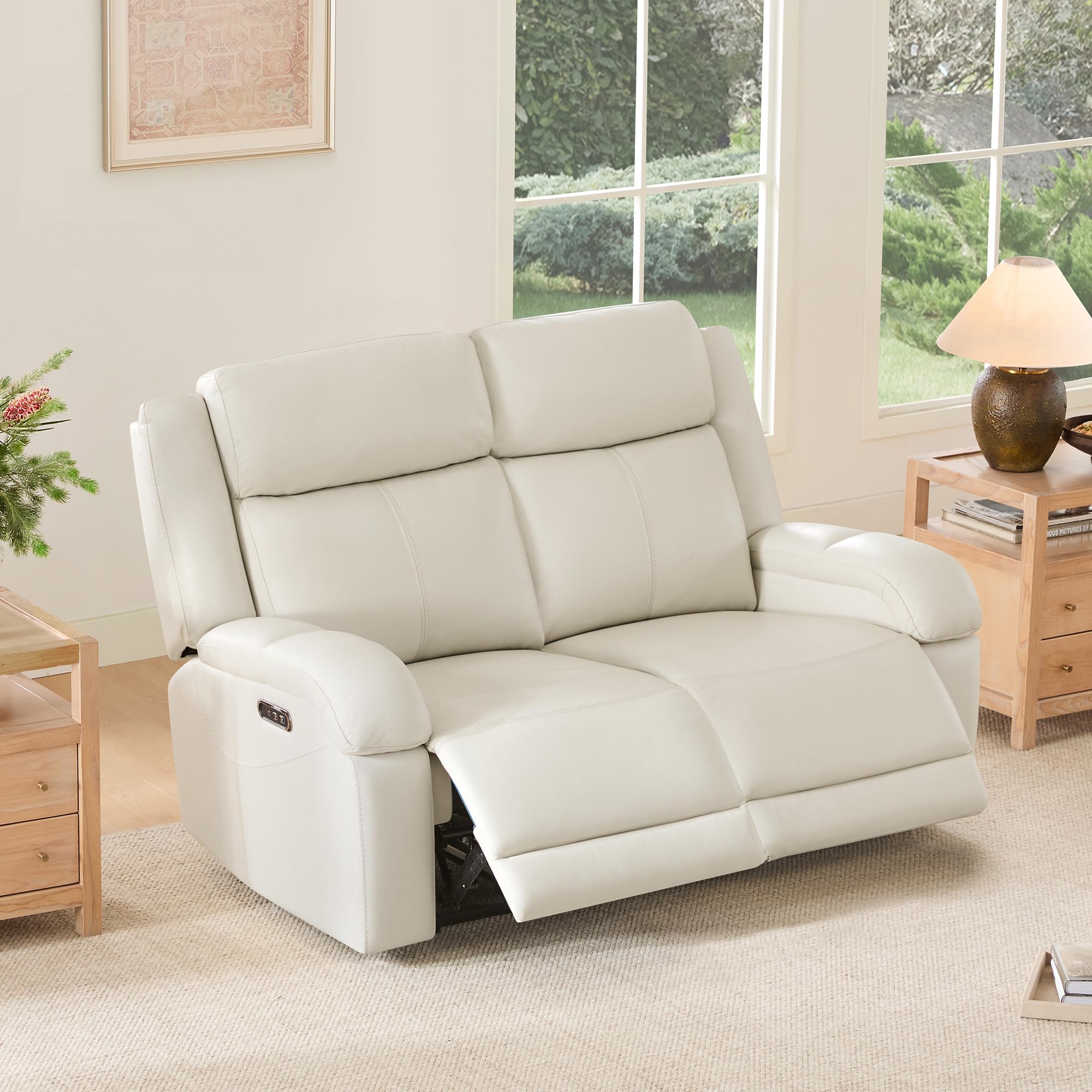 Watson & Whitely Genuine Leather Power Loveseat Recliner Sofa, 2 Seat Wall Hugger Reclining Sofa with Power Headrest & Charging Ports, Dual Recliner