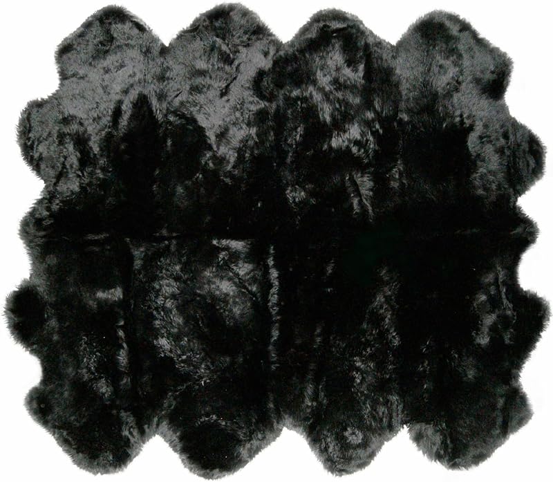 Natural Sheepskin Area Rug, Anti-Skid Back, Black, 7 x 6 ft | Thick 2.5 in Wool Pile, Genuine Leather Underside, Loom Knotted, Fade Resistant, Shake to Fluff