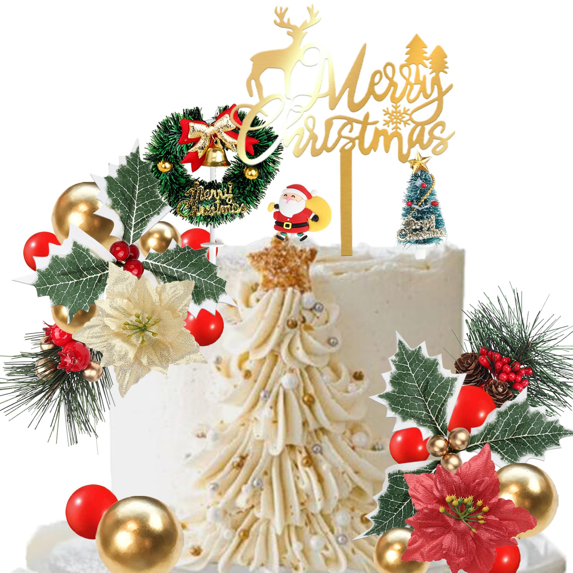 Xsstarmi 38 Pack Merry Christmas Cake Decorations Artificial Flower Berry Pinecone Xmas Tree Cake Toppers Gold Balls Merry Xmas Cake Toppers for Christmas Theme DIY Party Cake Decorations Supplie