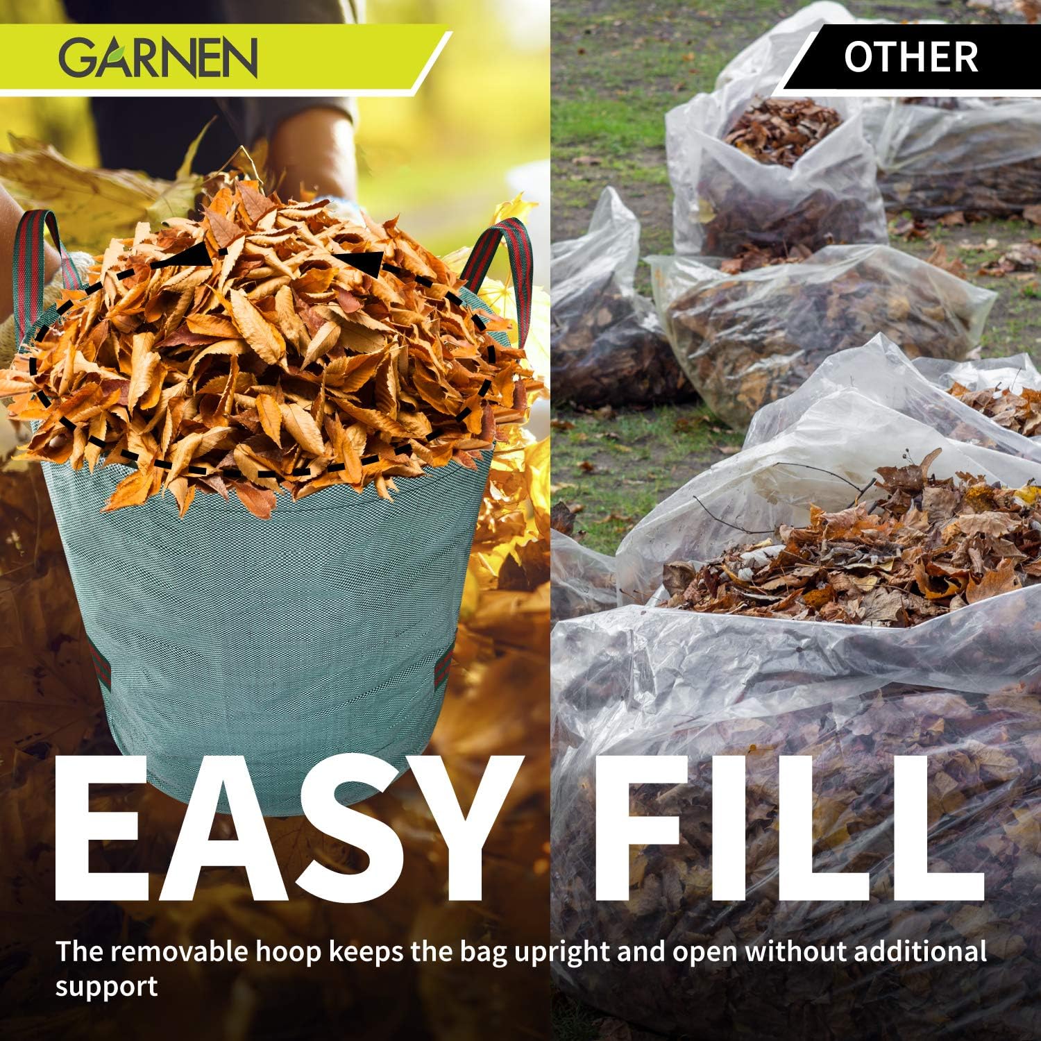 Garnen 72 Gallon Garden Waste Bags (2 Pack), Heavy Duty Reusable / Collapsible Leaf Basket Bags with 4 Reinforced Handles for Lawn Yard Pool Plant Trash Trimming Gardening Containers : Everything Else