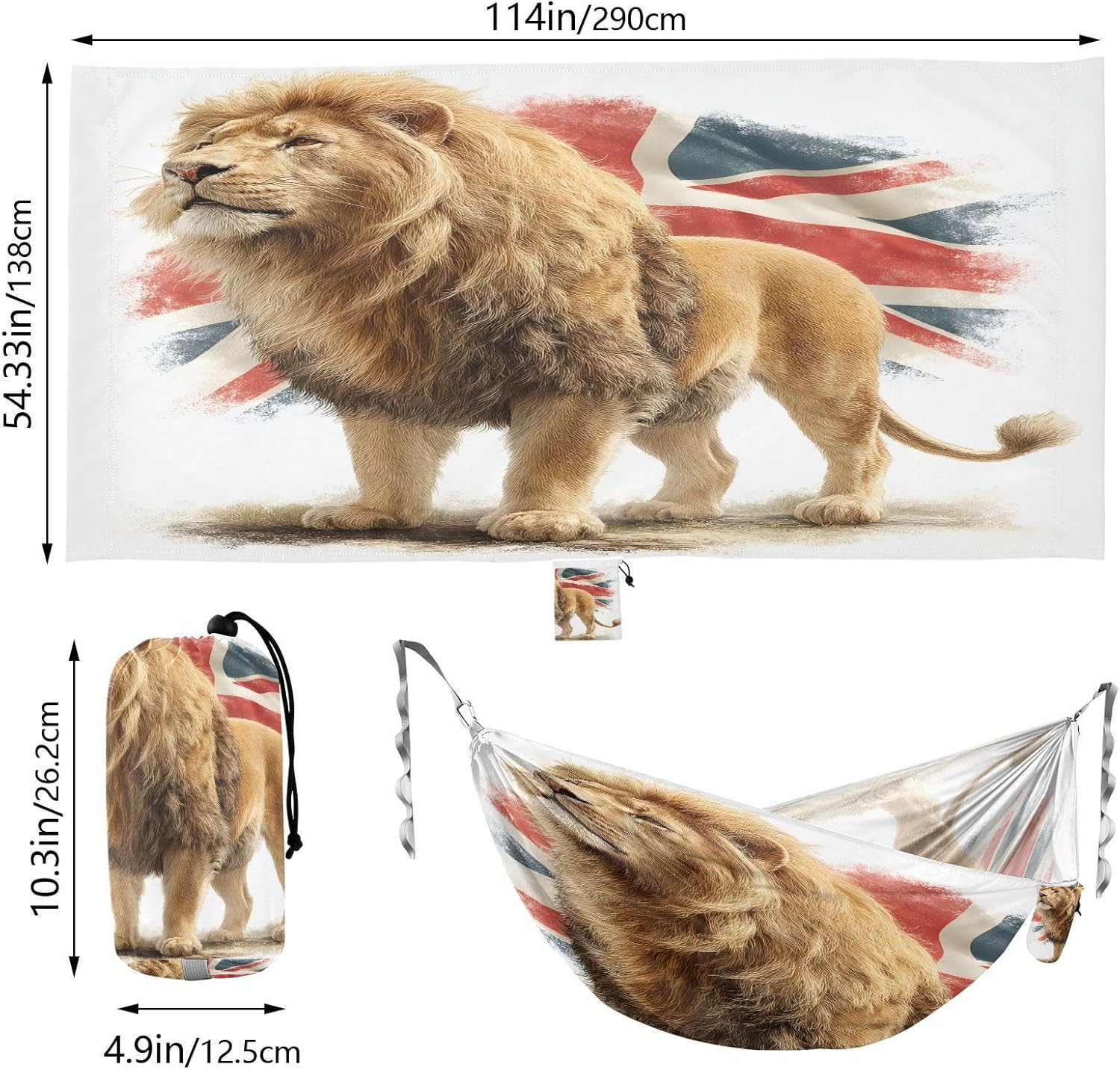 ALAZA Lion British Flag Camping Hammocks Single or 2 Person 500 lbs Portable Parachute Travel Hammock w/Tree Straps for Hiking Backpacking Indoor Outdoor