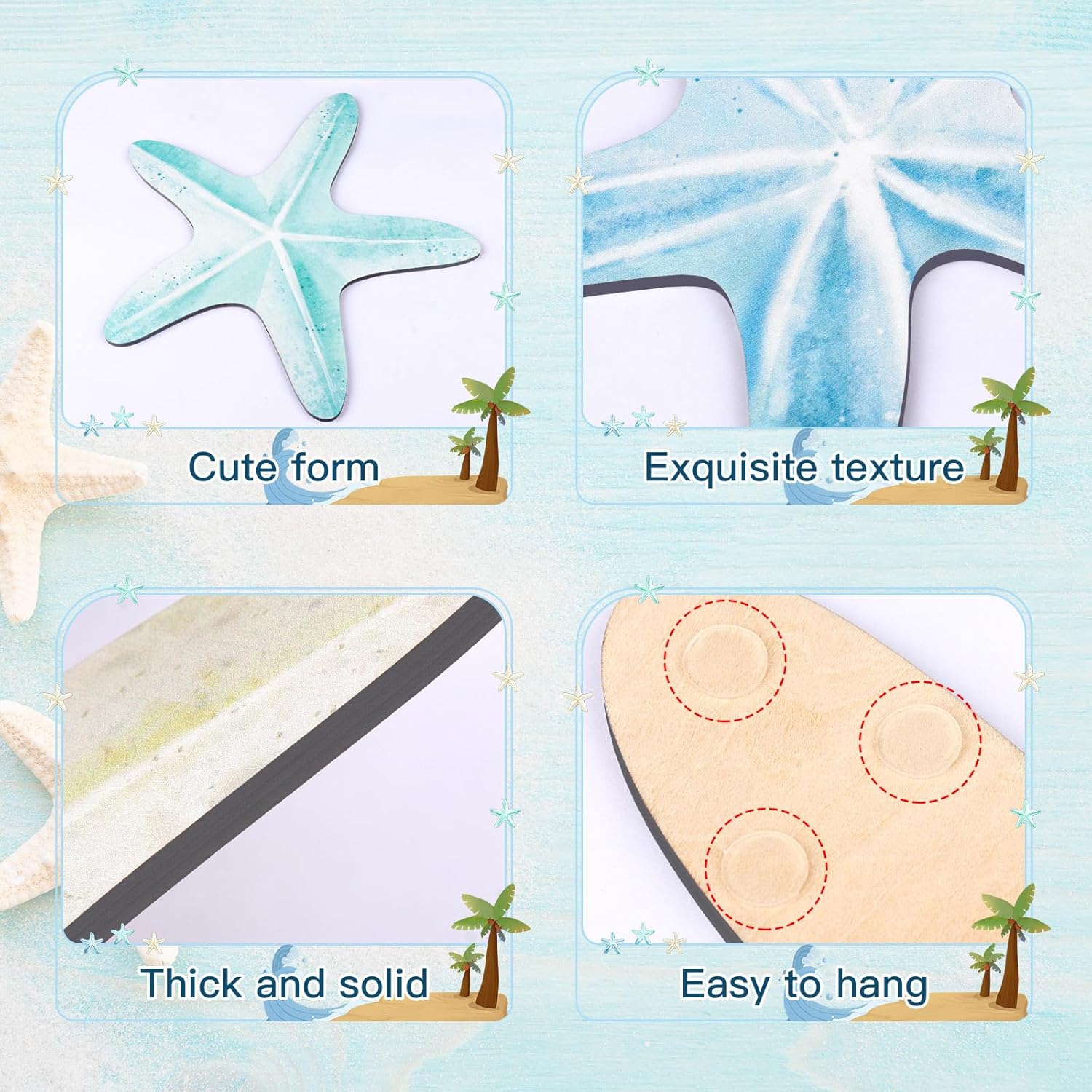 KOYILTD 5 Pcs Beach Wall Art Coastal Nautical Starfish Wall Decor Natural Wood Finish Wall Hanging Home Decor for Bathroom Living Room Patio, Flat Not 3D Artificial Starfish (Unique) - Image 4