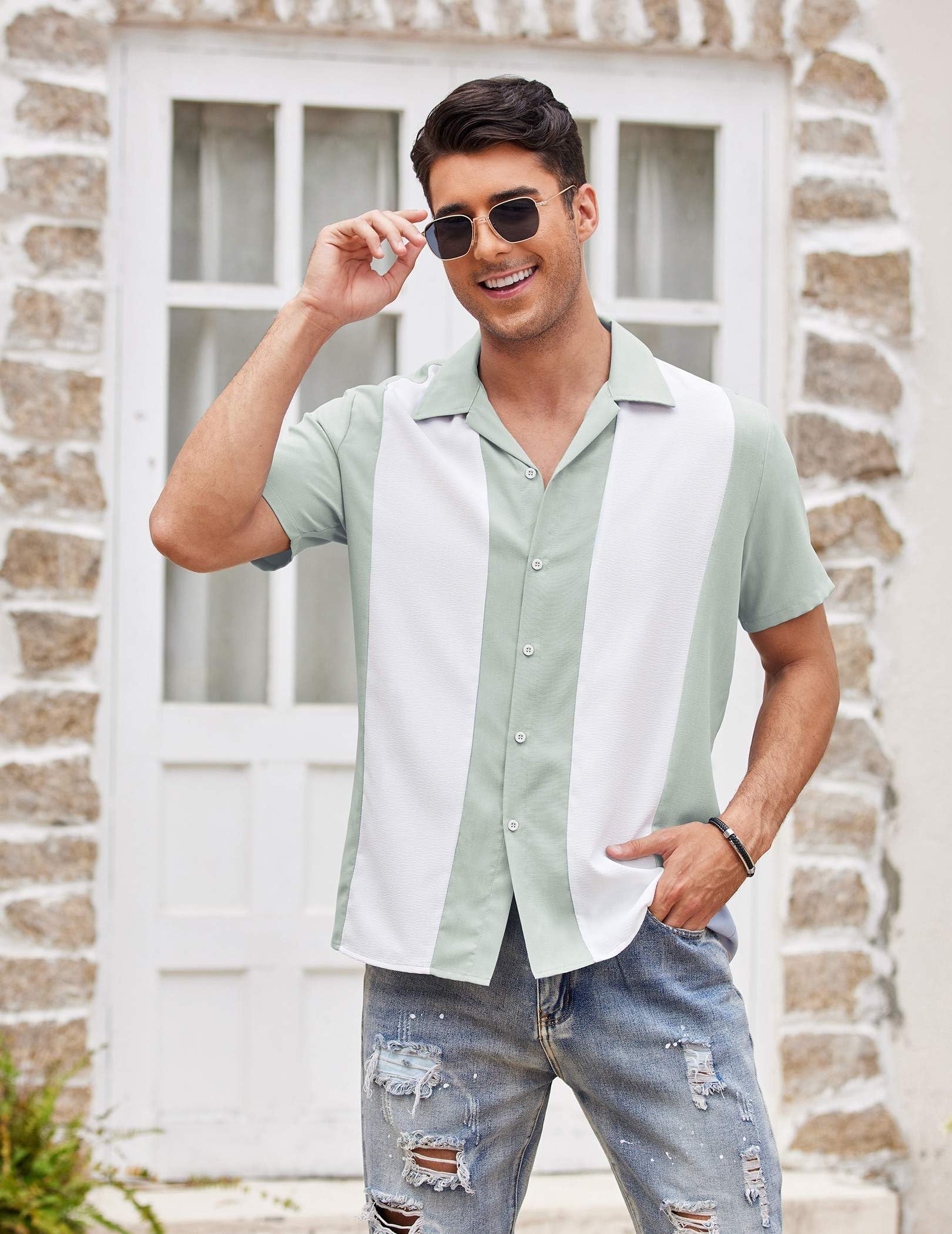 COOFANDY Herren Vintage-Bowlinghemd, Kurzarm, Hemd mit Knopfleiste, Sommer, Kuba, Strandhemd