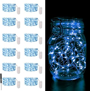 12 Pack Blue Fairy Lights Battery Operated, 7FT 20LED Valentines Day Lights Battery Operated Waterproof Silver Wire for DIY Mason Jar Bedroom Birthday Wedding Christmas Decorations String Lights