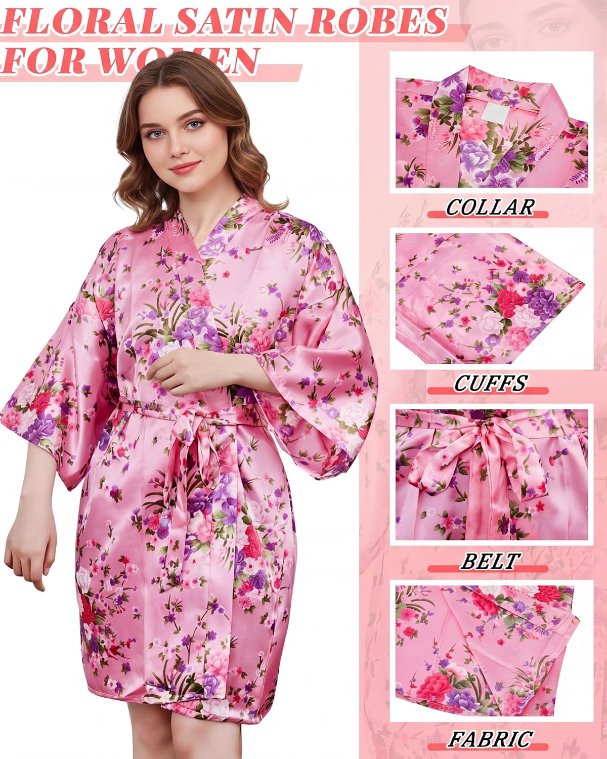 Patelai 12 Pcs Bride Bridesmaid Robe Set Floral Glitter Short Satin Kimono Robe for Women Bachelorette Party